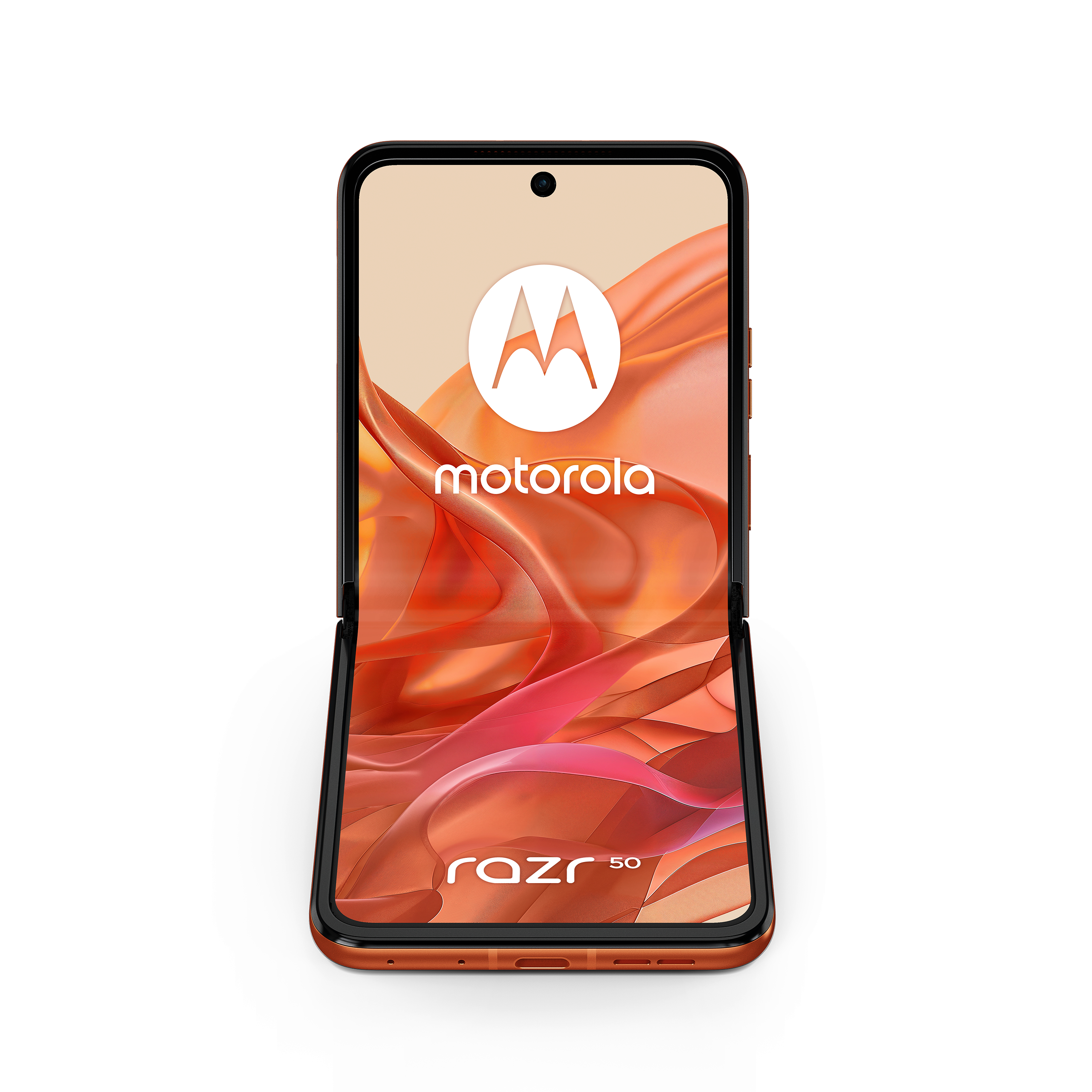 Geöffnetes oranges Motorola Razr 50 Klapphandy, aufrecht. Zeigt den Bildschirm mit Logo und schwarzem Rand.