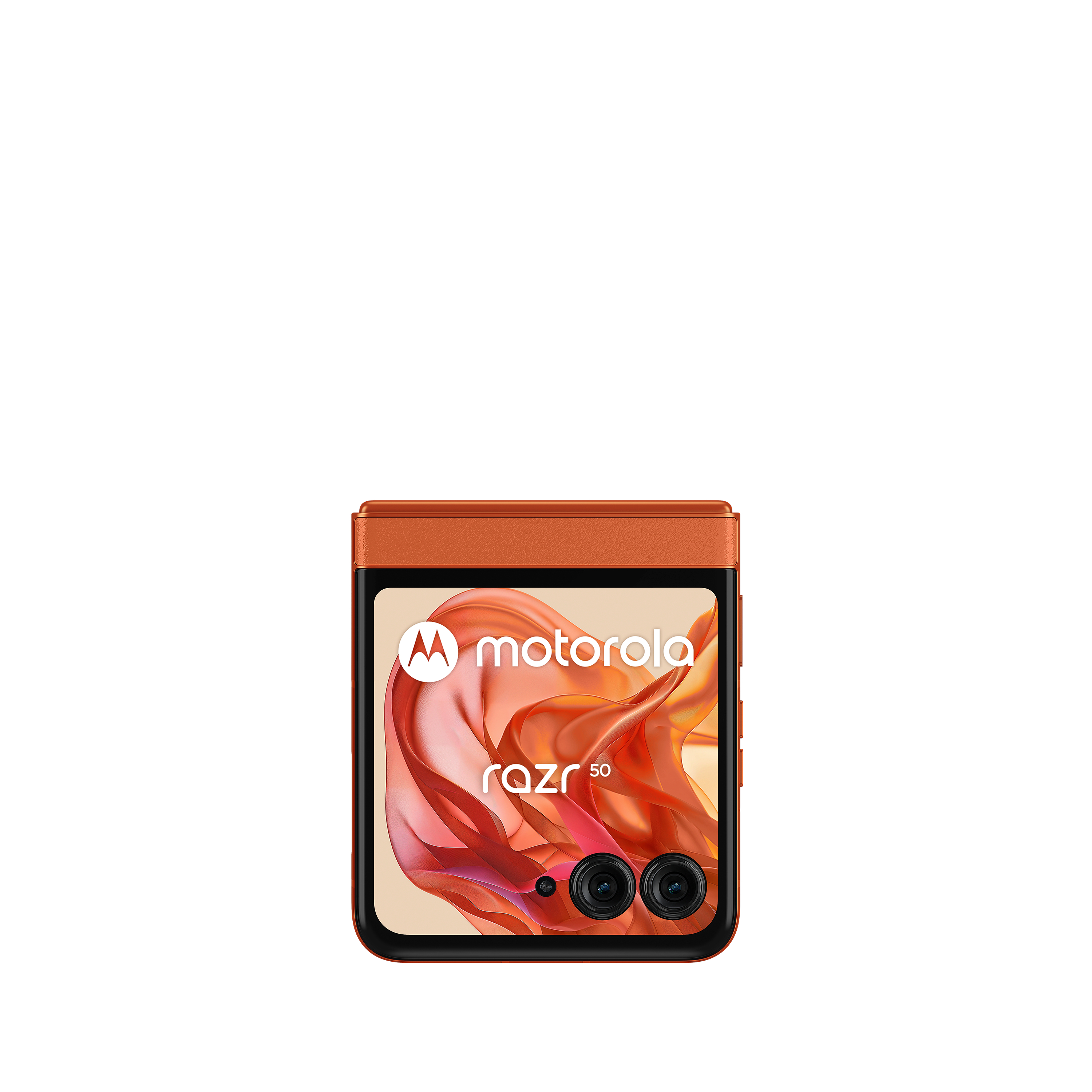 Motorola Razr 50, orange, geöffnet, Bildschirm an, Doppelkamerap.