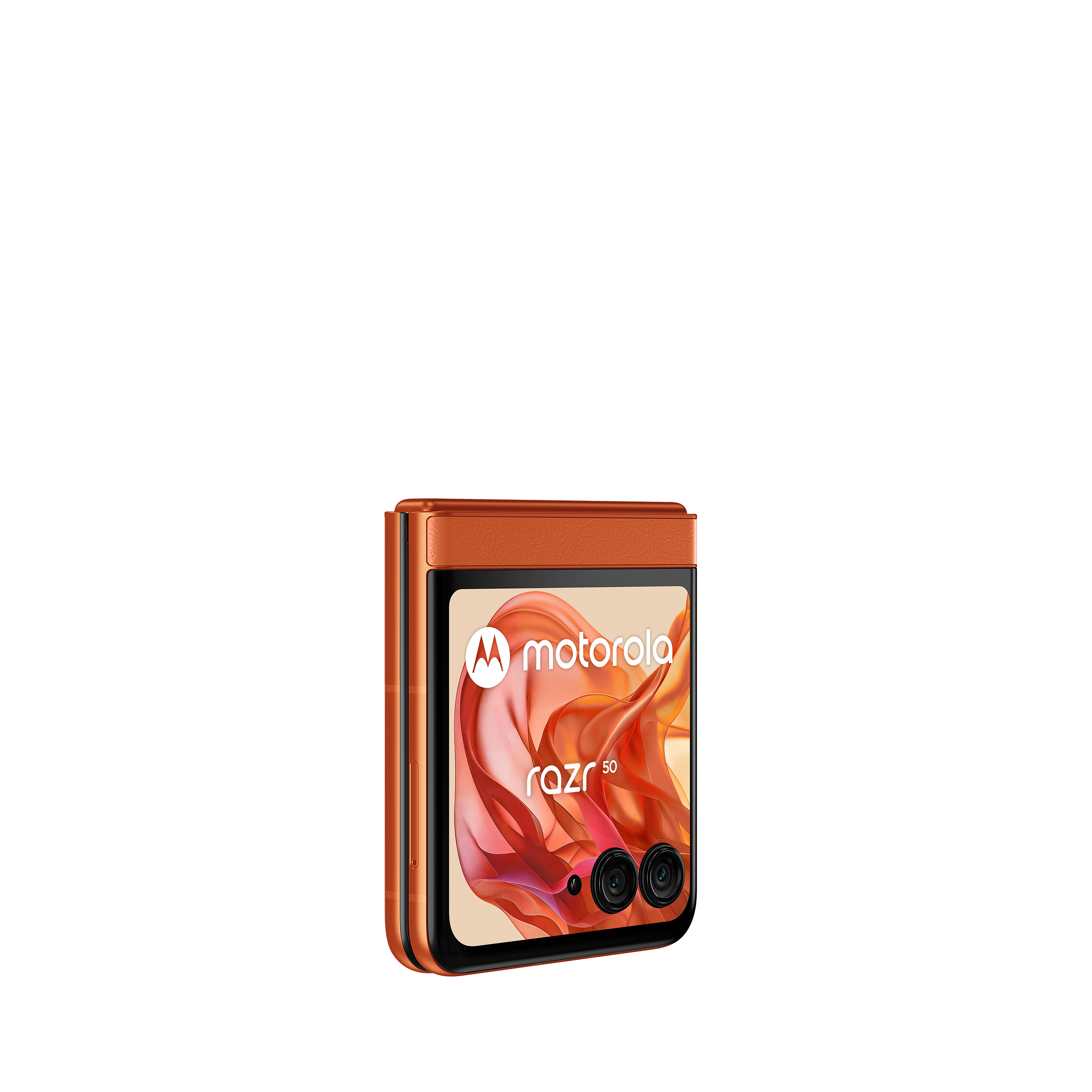 Motorola Razr 50, orange, geschlossen, mit Anzeige des Bildschirms.