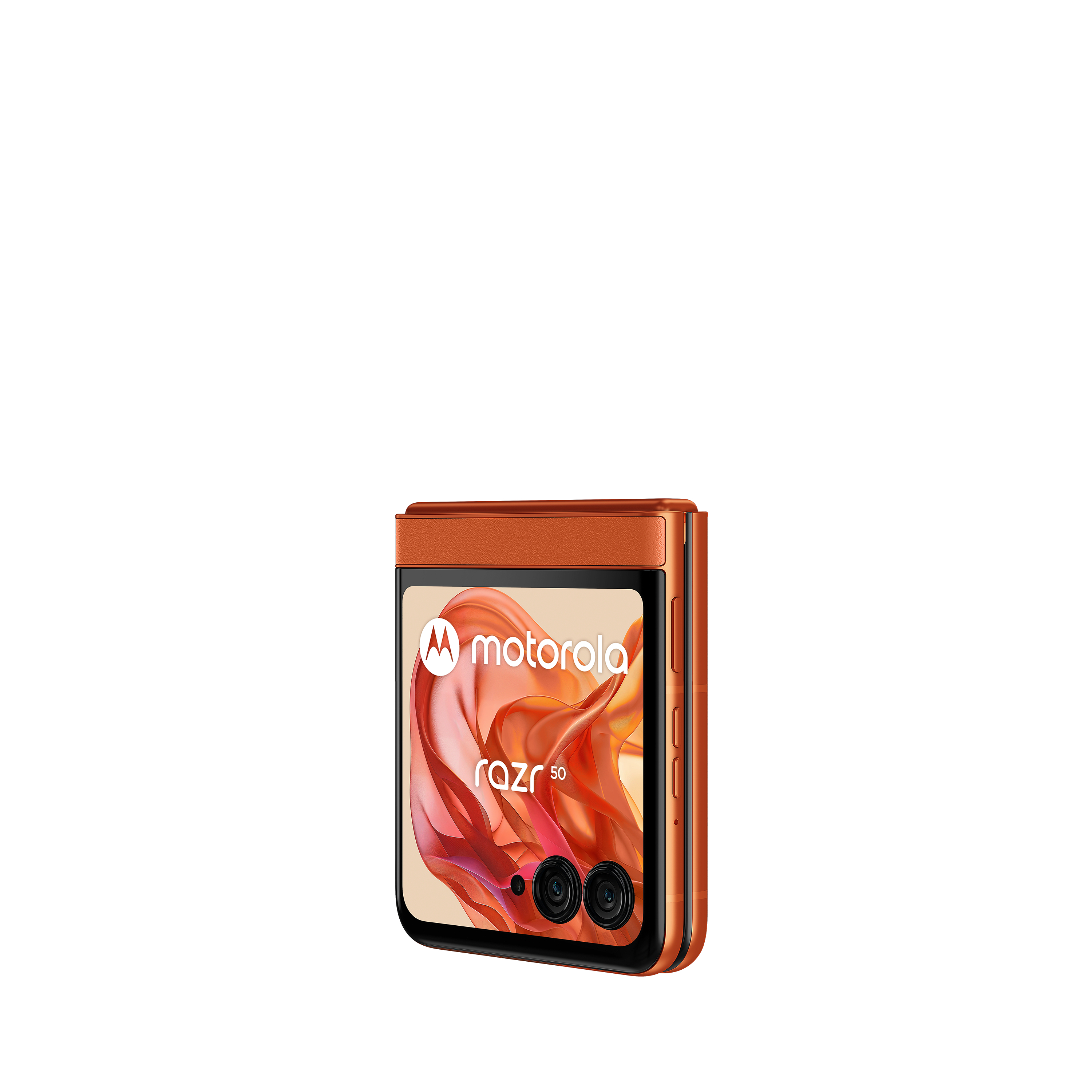 Geschlossenes orangefarbenes Motorola Razr 50 Smartphone, weißer Hintergrund.