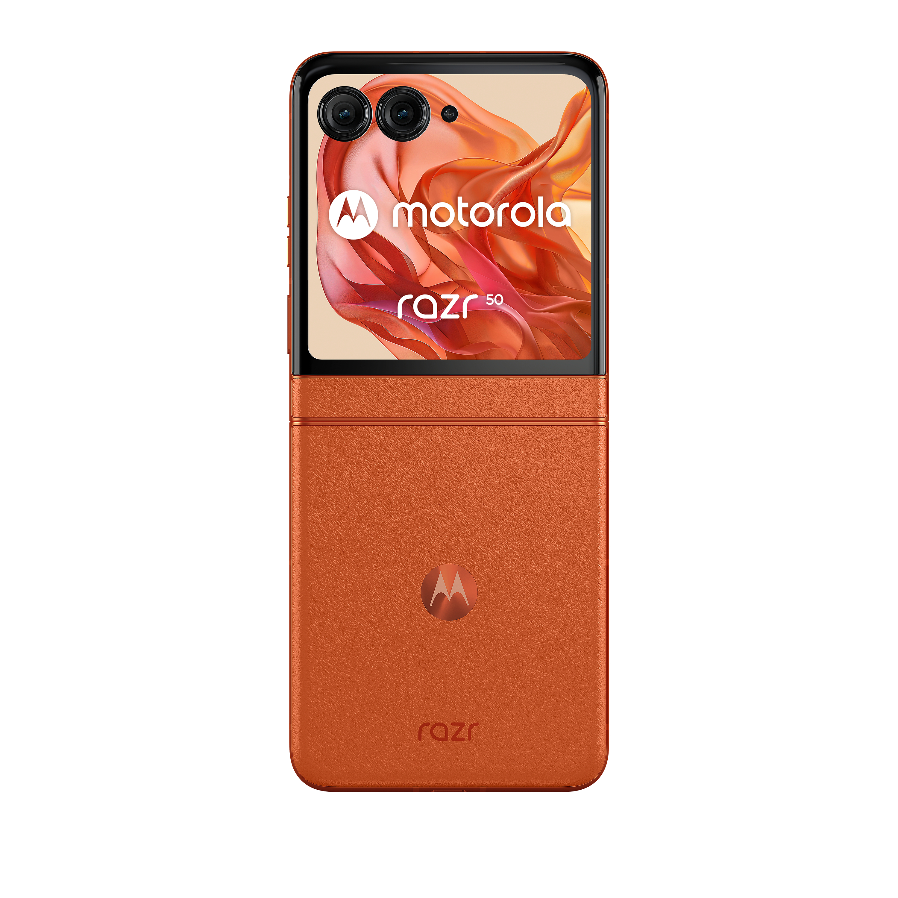Motorola Razr 50 Telefon: Orange Klapphandy, geöffnet, um Bildschirm und Kamera zu zeigen.