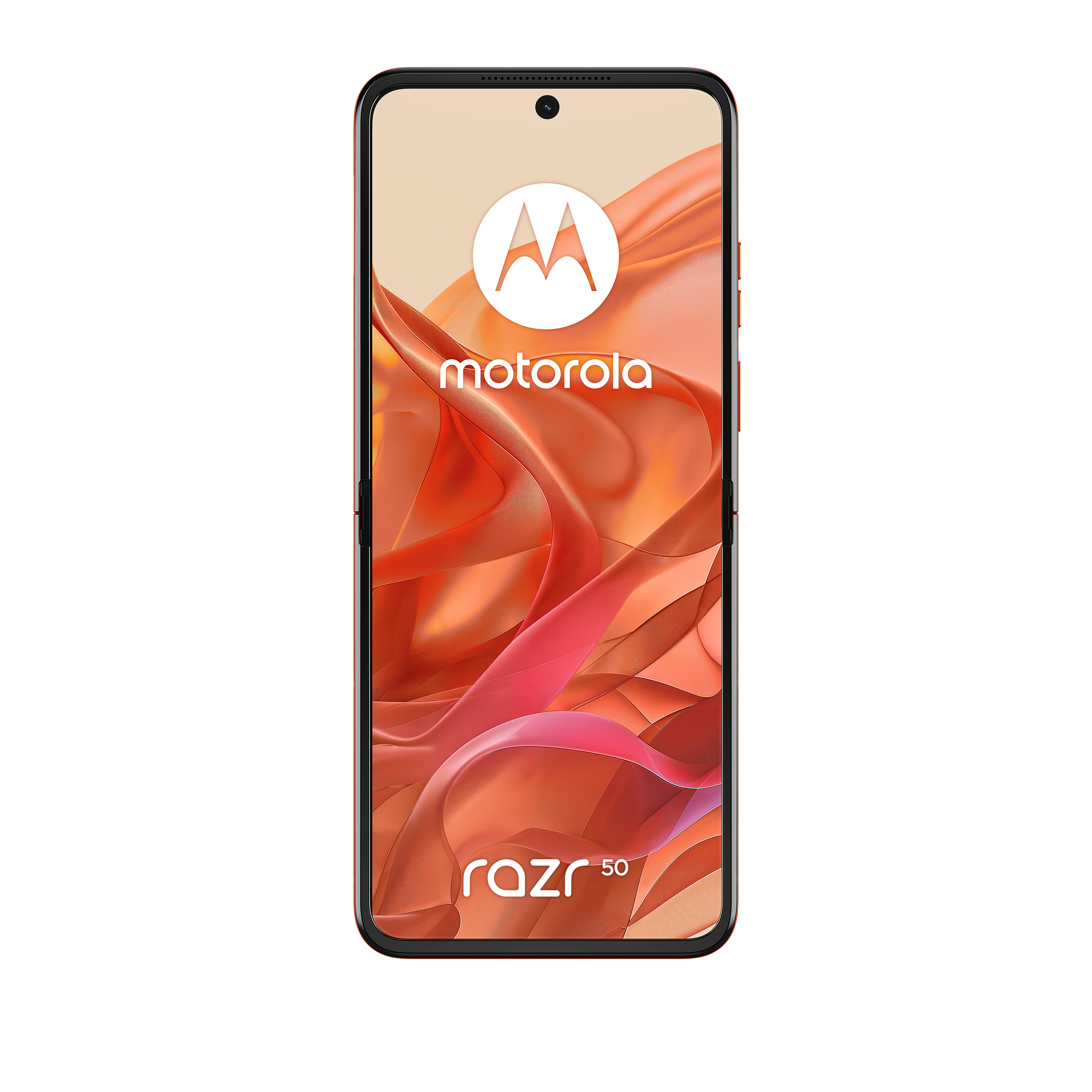 Ein Smartphone mit Motorola-Logo und einem rosa-orangenen Wellenmuster.