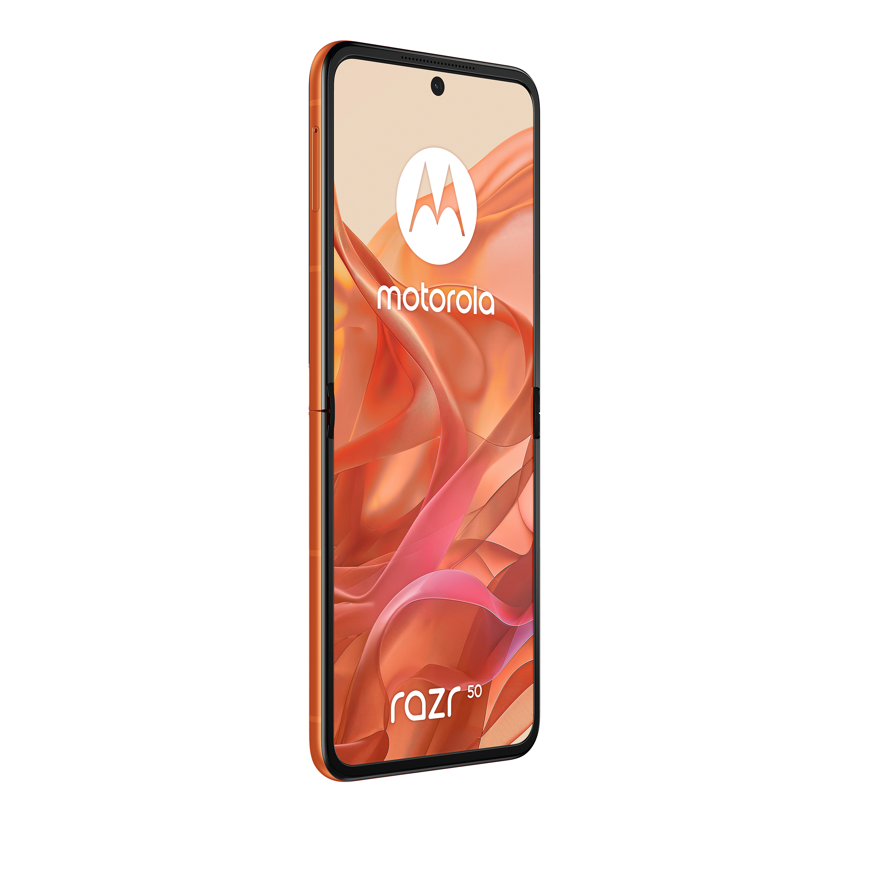Offenes orangefarbenes Motorola Razr 50, Bildschirm mit Motorola Logo, weißer Hintergrund.