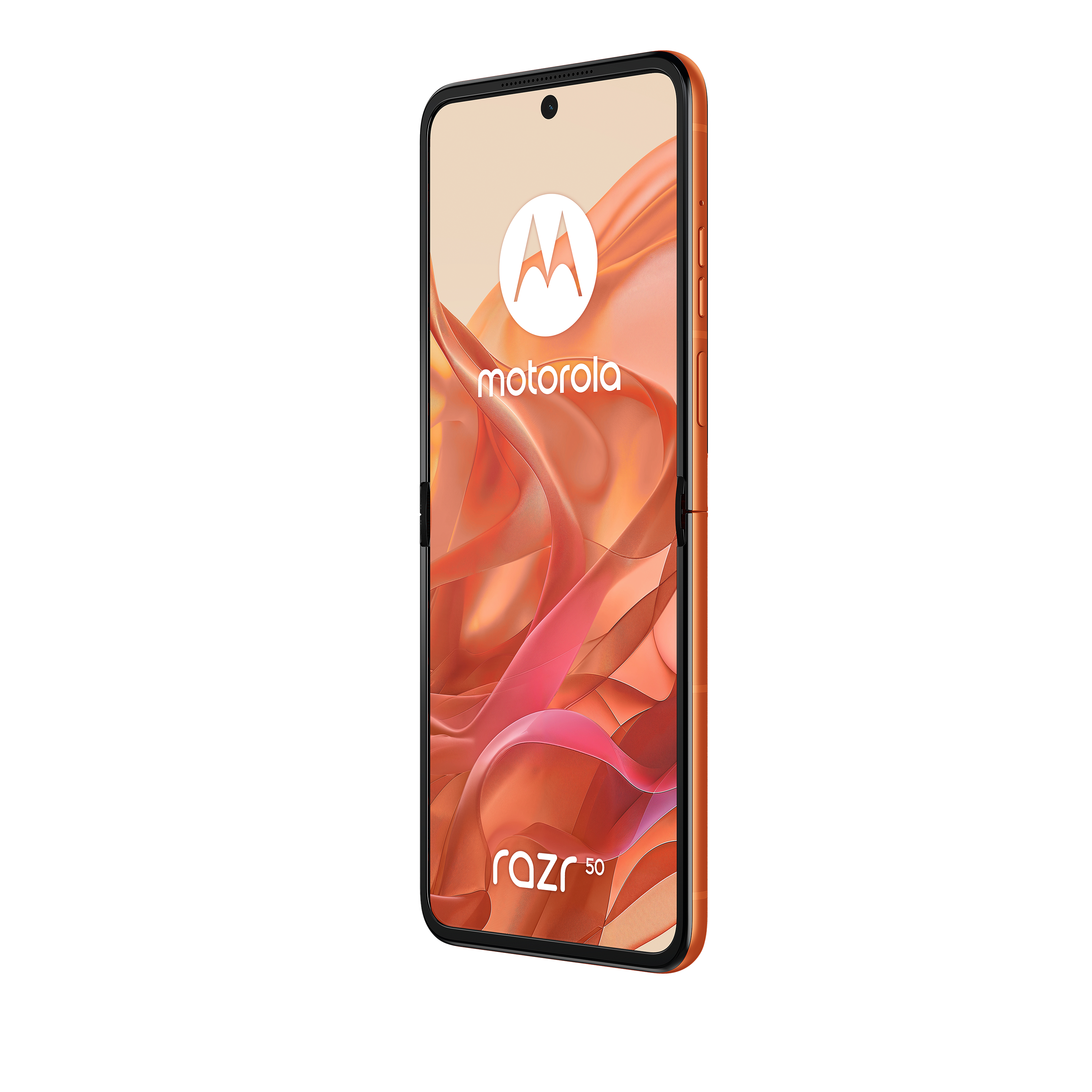 Offenes orangefarbenes Motorola Razr 50, Bildschirm mit Motorola Logo, weißer Hintergrund.