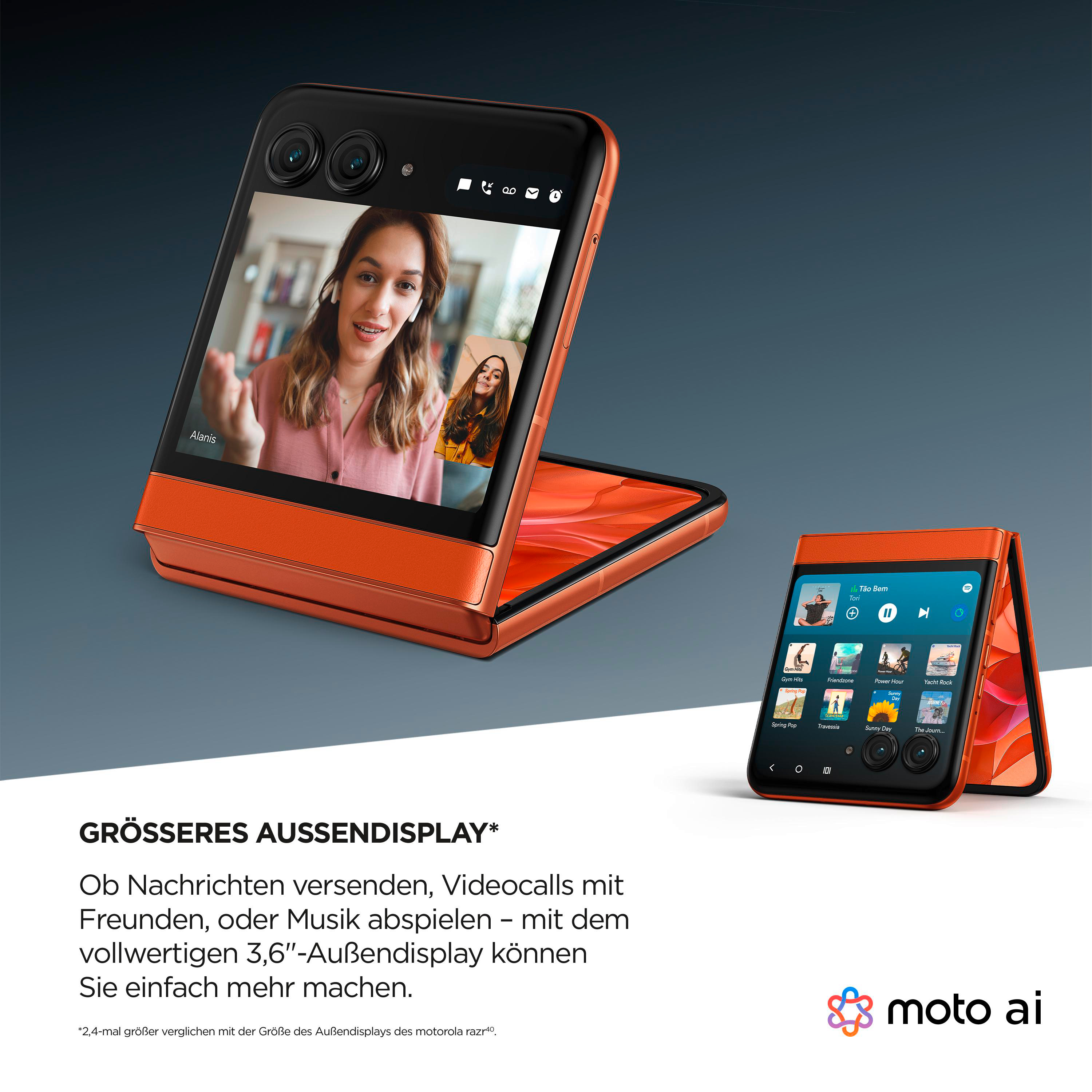 Motorola Razr 50 in Gebrauch. Zeigt Videoanruf und zweites offenes Gerät mit Musik.