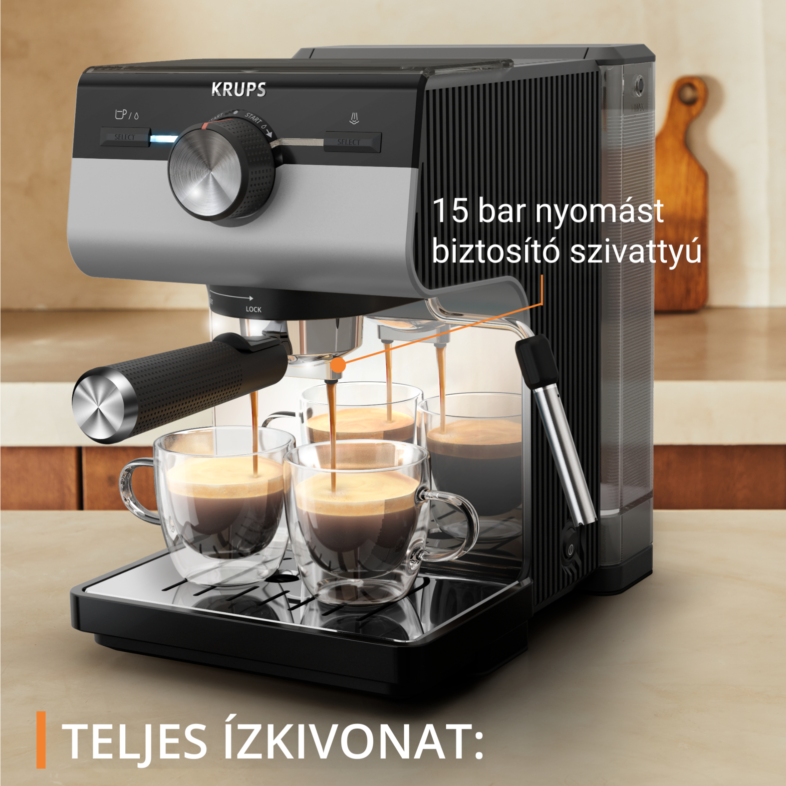 Esspresszógép, ami kávét adagol poharakba. Szöveg: Teljes íz. Továbbá szöveg: 15 bar nyomású szivattyú.