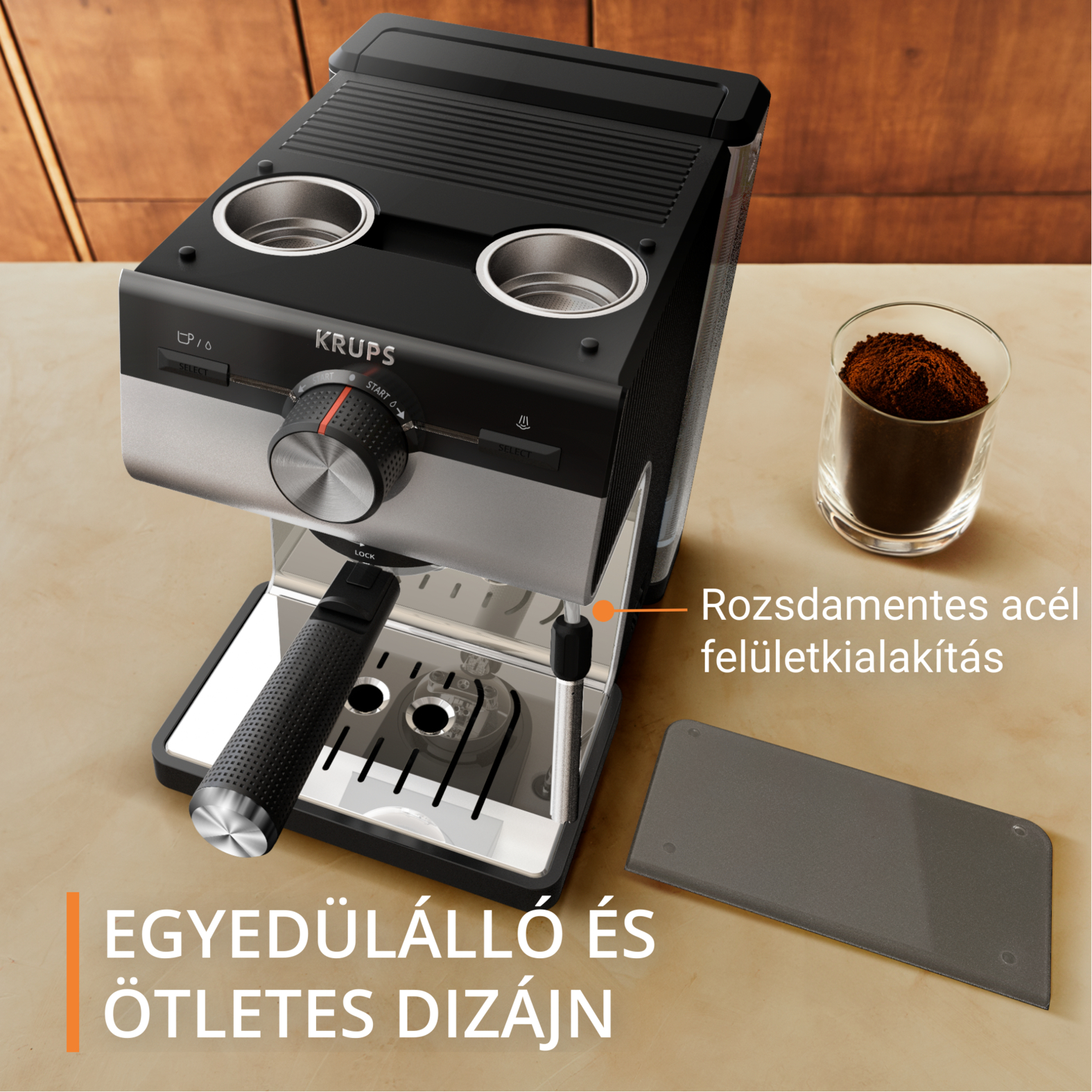 Esspresszógép kávéőrleménnyel egy pohárban. Szöveg: Egyedi és átgondolt design. Rozsdamentes acél.