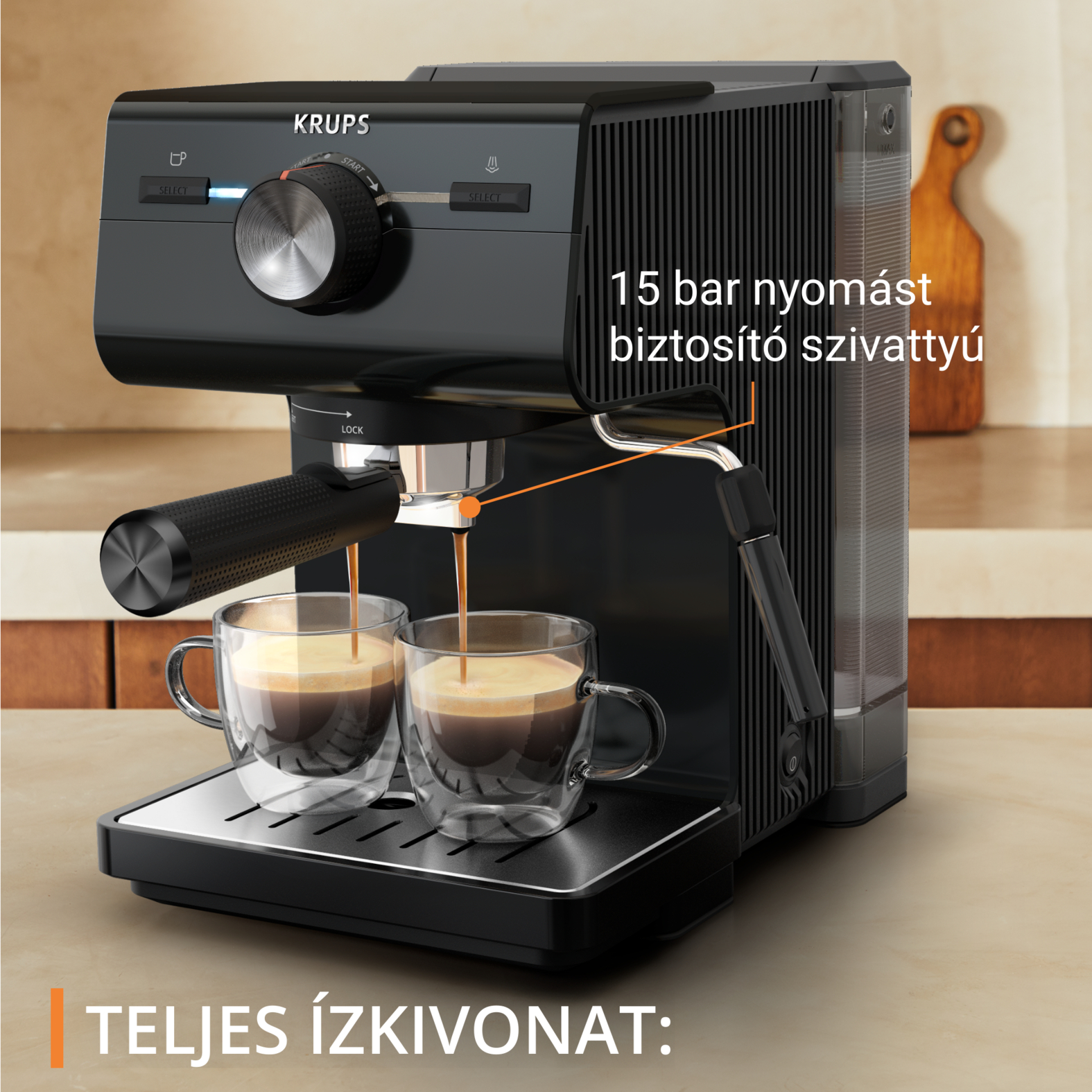 Fekete Krups eszpresszógép, amely kávét főz két üvegpohárba a pulton.