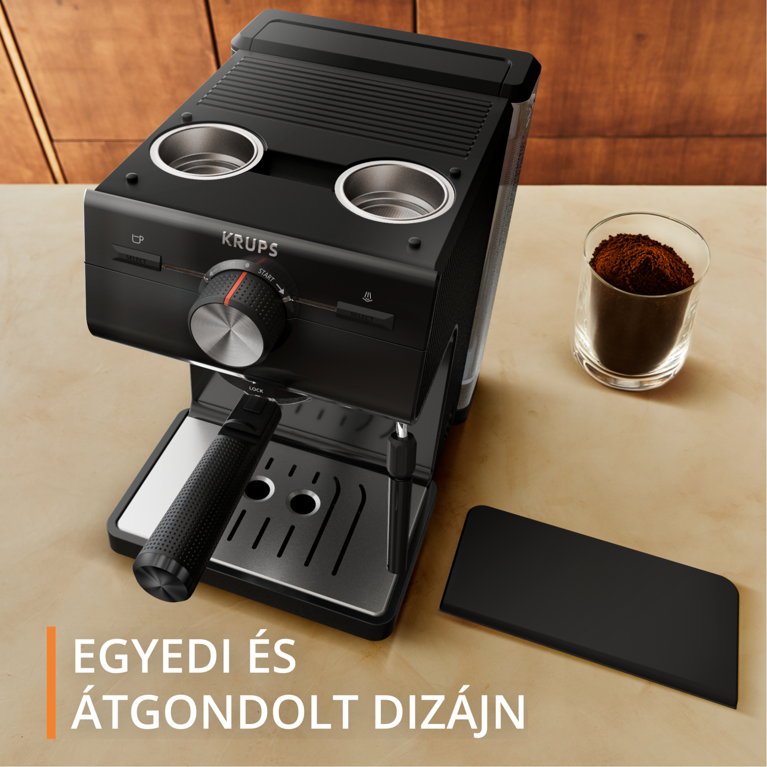 Fekete eszpresszógép kávéőrleménnyel egy pohárban. Szöveg: Egyedi és átgondolt design.