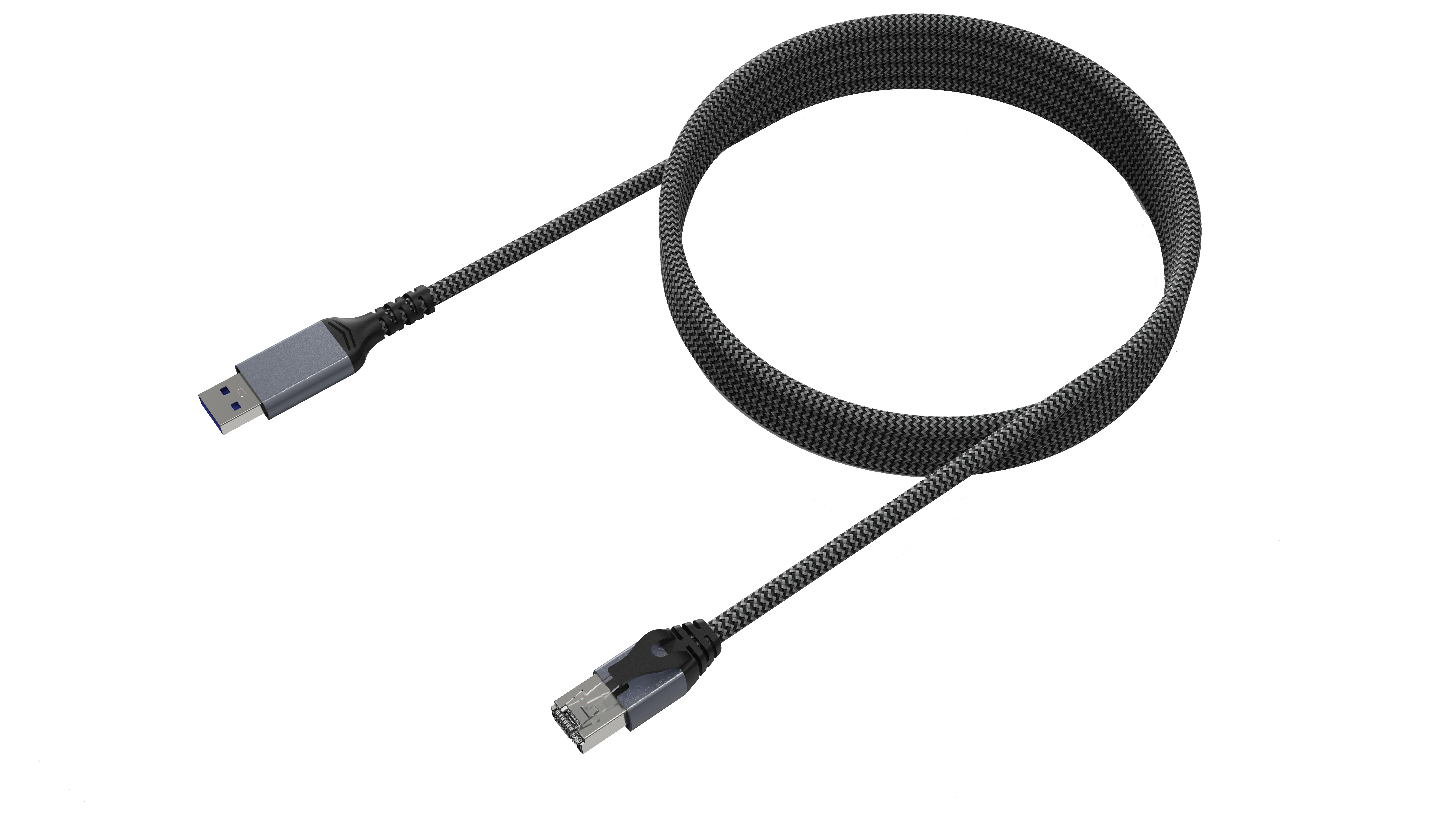 Schwarz-graues USB-zu-Ethernet-Kabel, auf einer weißen Oberfläche aufgerollt.