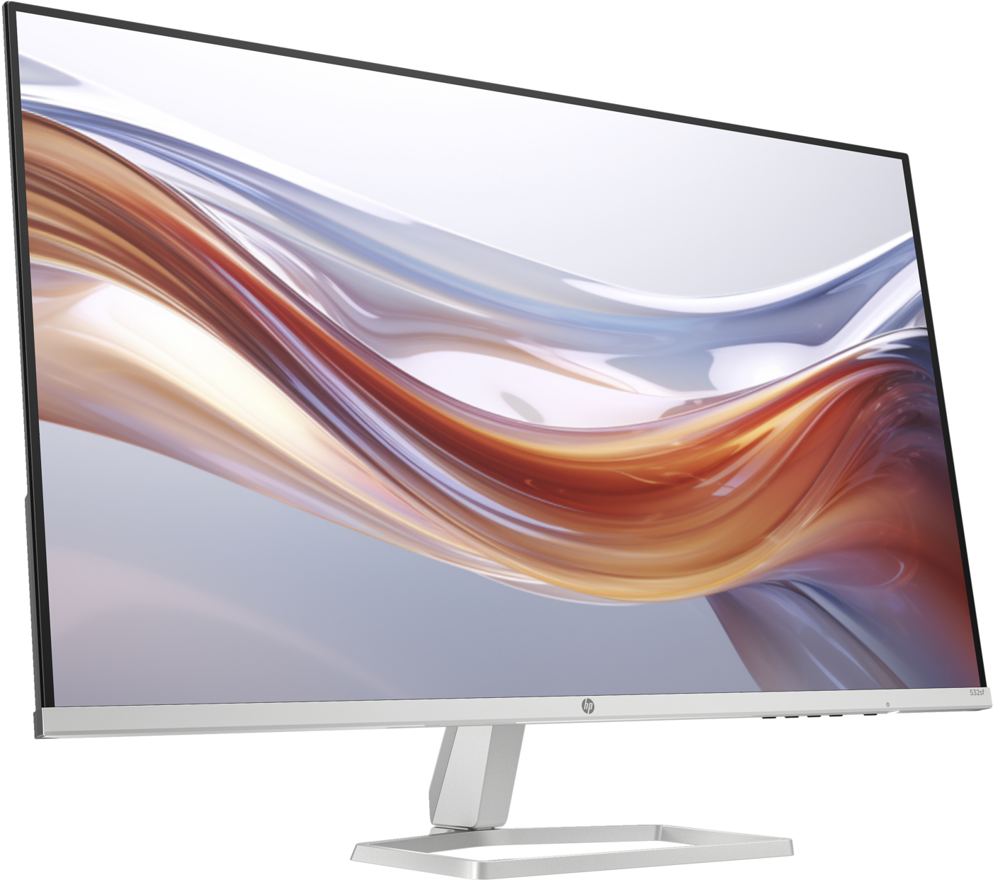 Monitor HP argento con sfondo astratto. Il supporto è argento. Lo schermo mostra un vortice colorato.