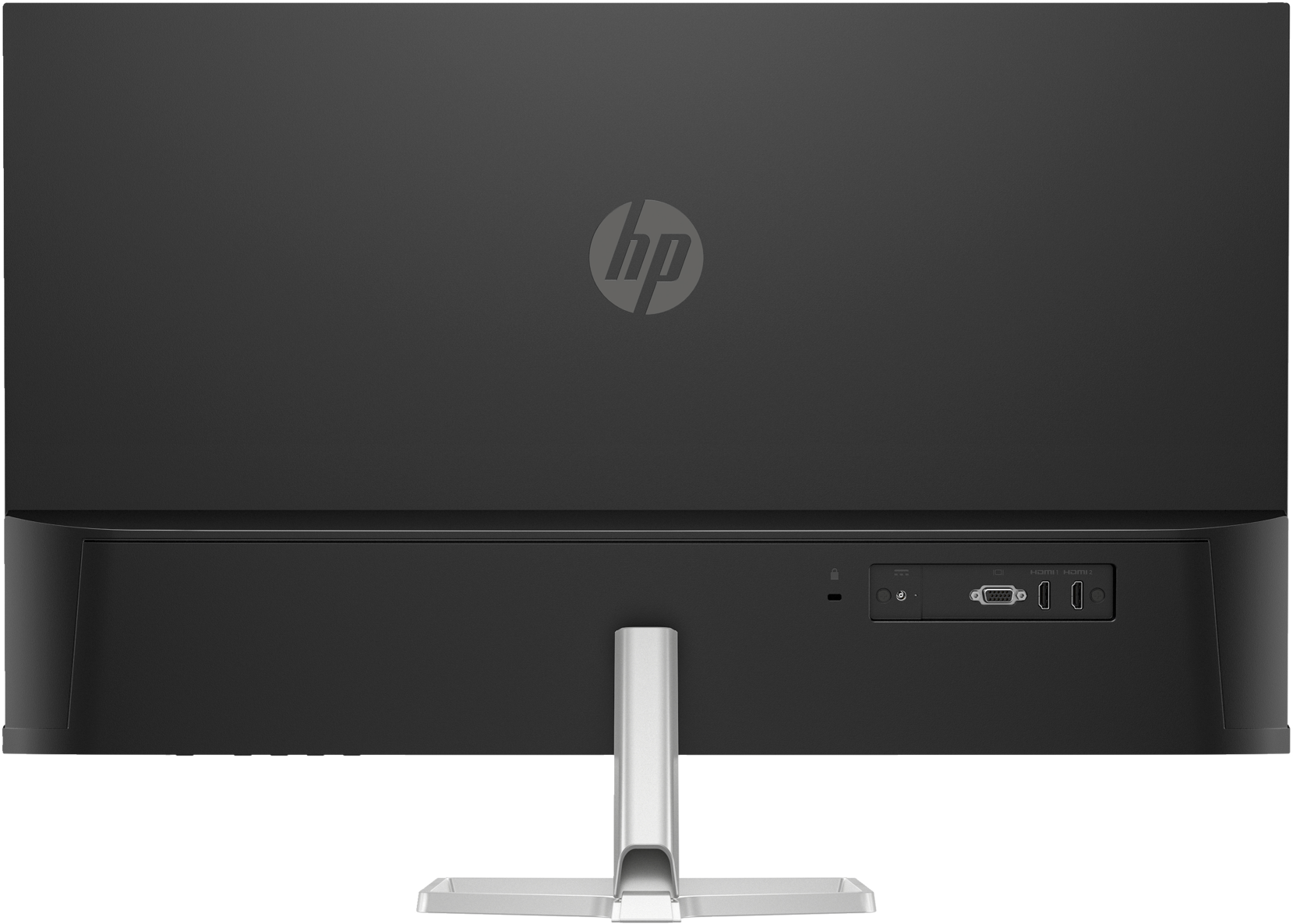 Vista posteriore di un monitor HP nero con porte e supporto. Il logo HP è visibile.