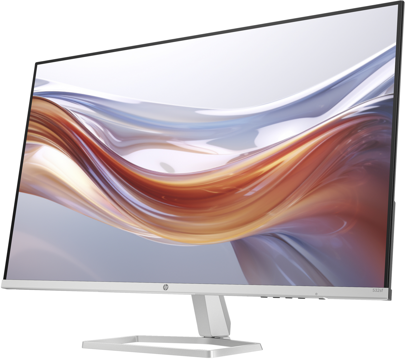 Monitor HP argento con sfondo astratto. Il supporto è argento. Lo schermo mostra un vortice colorato.