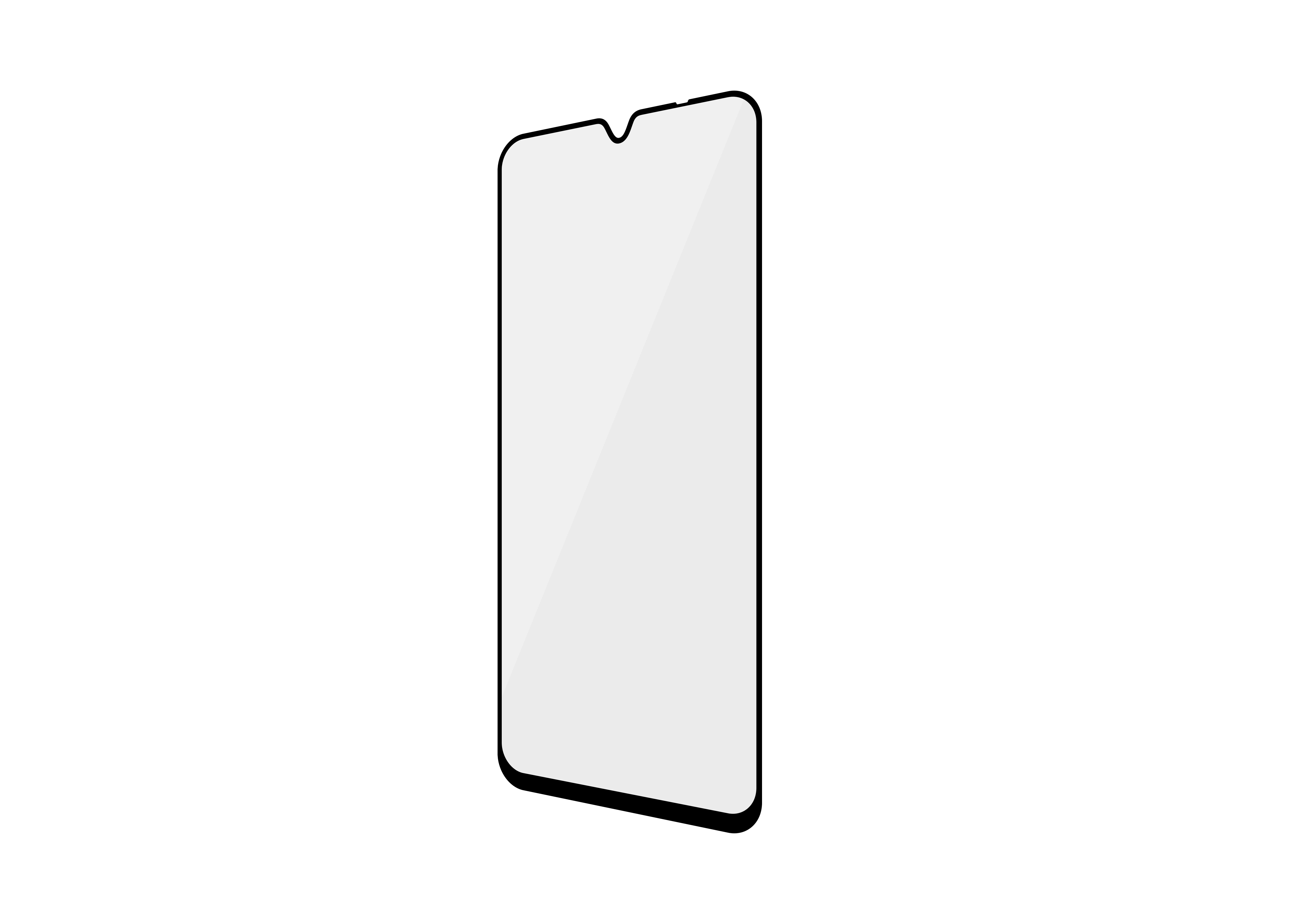 Ein Displayschutz aus Glas für ein Telefon. Es hat eine Kerbe für die Frontkamera.