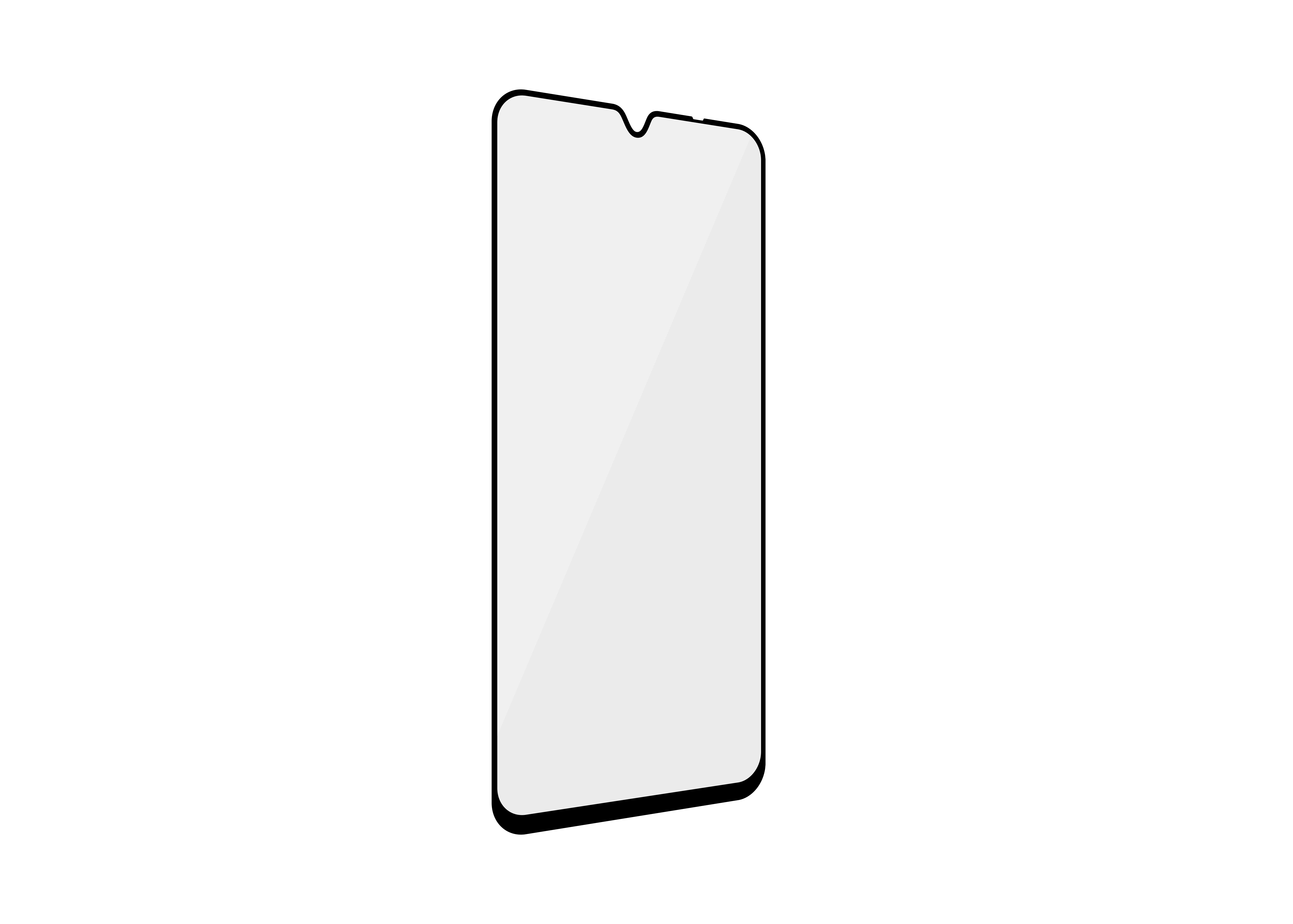 Glas-Displayschutzfolie für ein Telefon, mit einer Kerbe für die Frontkamera, auf weißem Hintergrund.