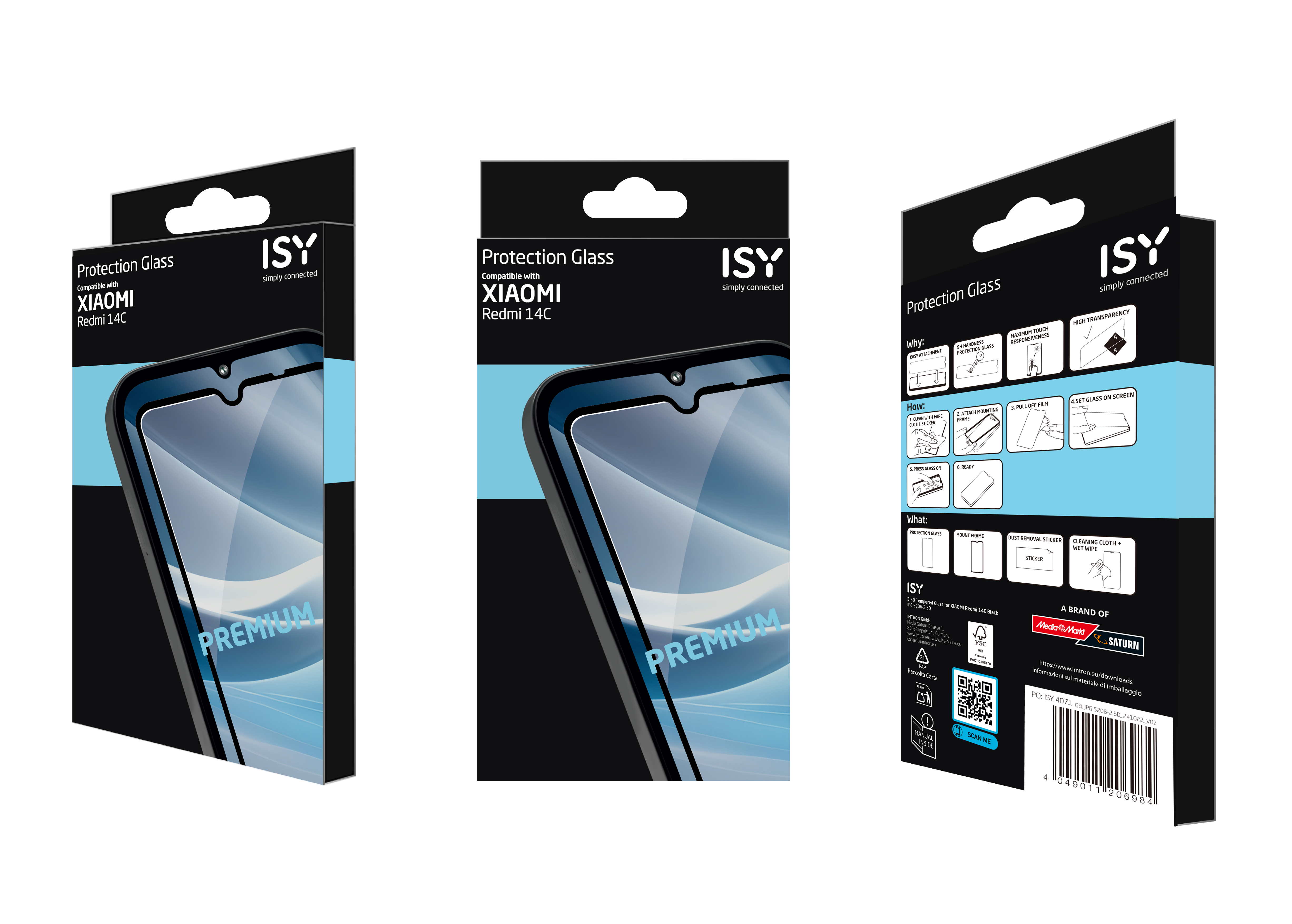 Verpackung für einen Displayschutz für ein Telefon. Es zeigt das Produkt und die Installationsanweisungen.