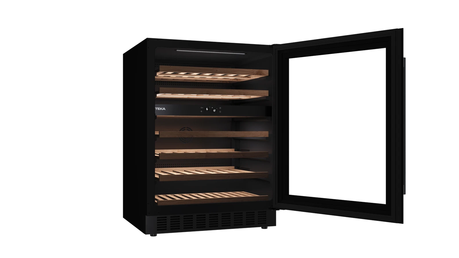 Enfriador de vino negro con estantes de madera, puerta abierta e iluminación interior. Logotipo de TEKA visible.