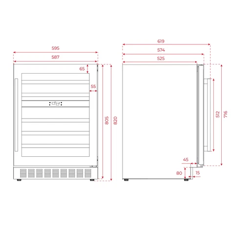 Diagrama de una vinoteca con dimensiones en milímetros. Vistas frontal y lateral, fondo blanco.