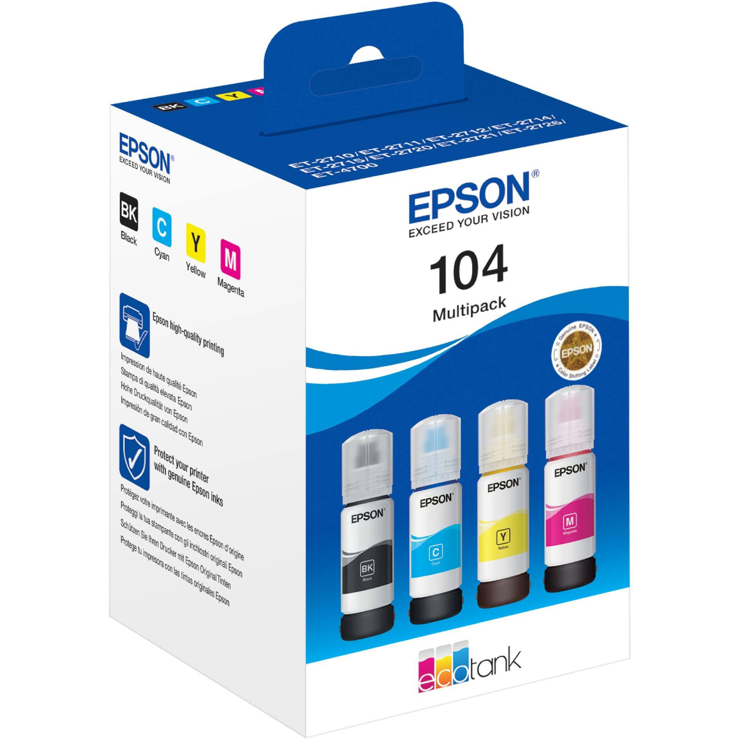 Cartuchos de tinta Epson 104 multipack en una caja. Muestra el logo y colores de tinta Epson.