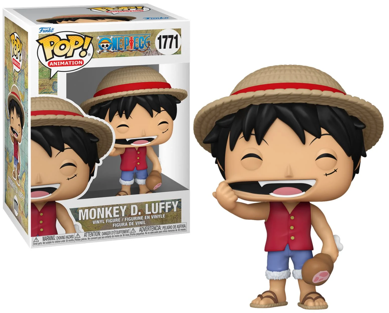Figura Funko Pop de Monkey D. Luffy. Lleva un sombrero de paja, chaleco rojo, pantalones cortos azules y carne.