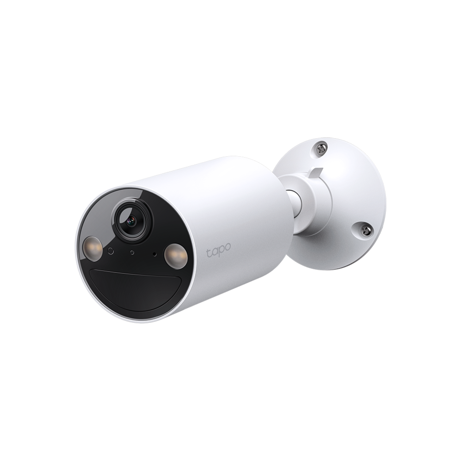 Een witte Tapo beveiligingscamera, met een lens en lampen, op een witte basis.