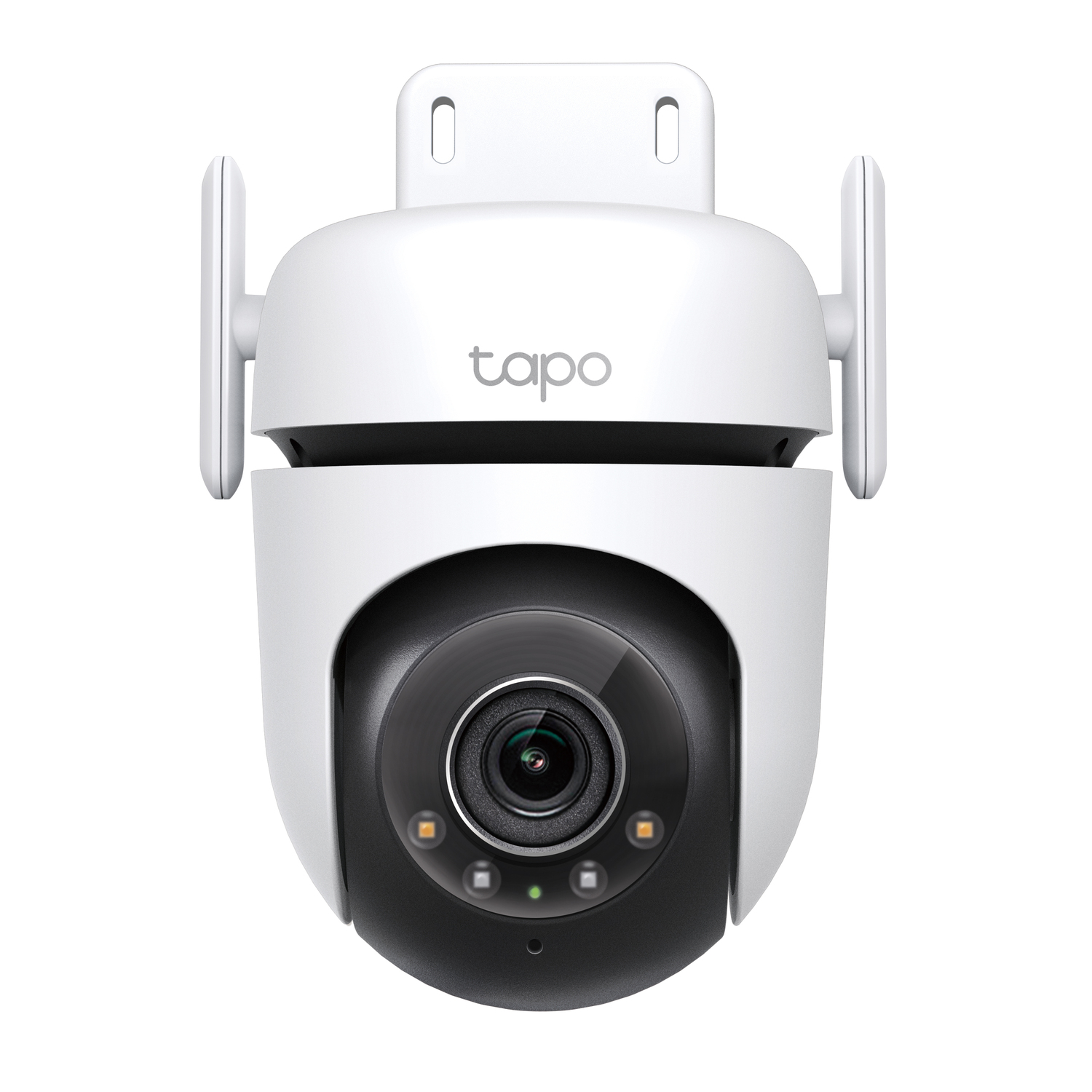 Witte en zwarte Tapo camera. Bovenaanzicht met lens, lichten en Tapo logo bovenop.