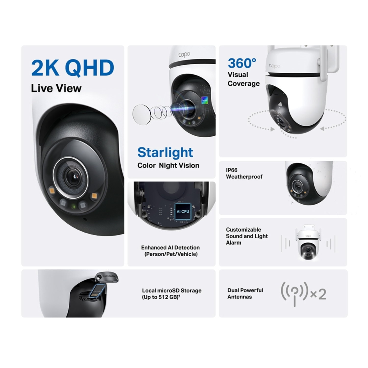 Afbeelding toont Tapo camera functies. Inclusief 2K QHD, Starlight nachtzicht en meer.