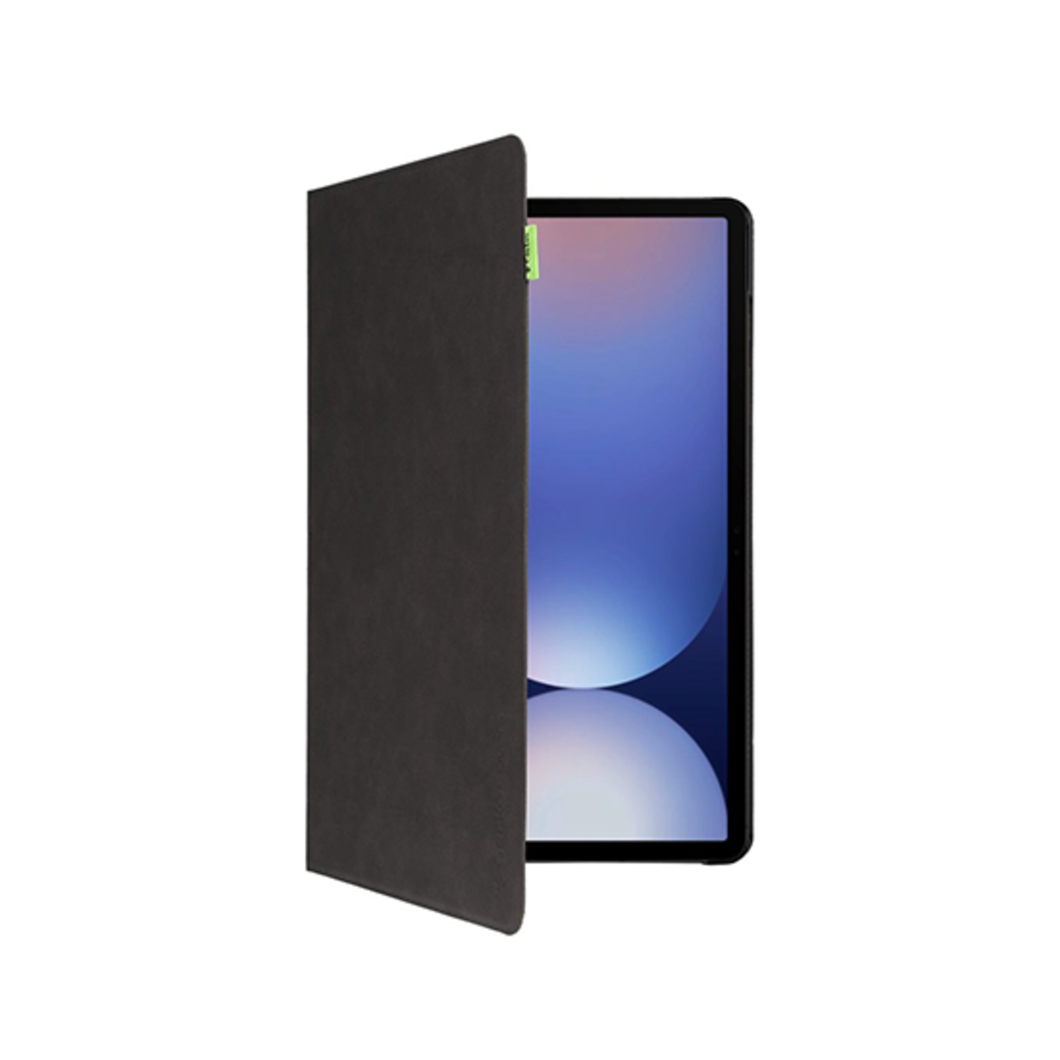 Tablet with a black case. The case is open. Screen shows a blue and purple abstract image.