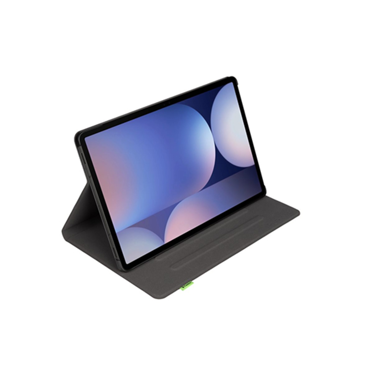 Tablet in a black case, propped up at an angle. The screen displays a blue and purple image.