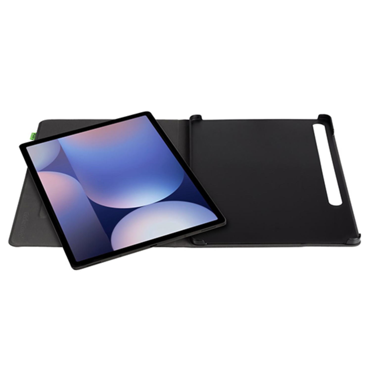 Tablet in a black case. The case is open. The screen shows a blue and purple abstract image.