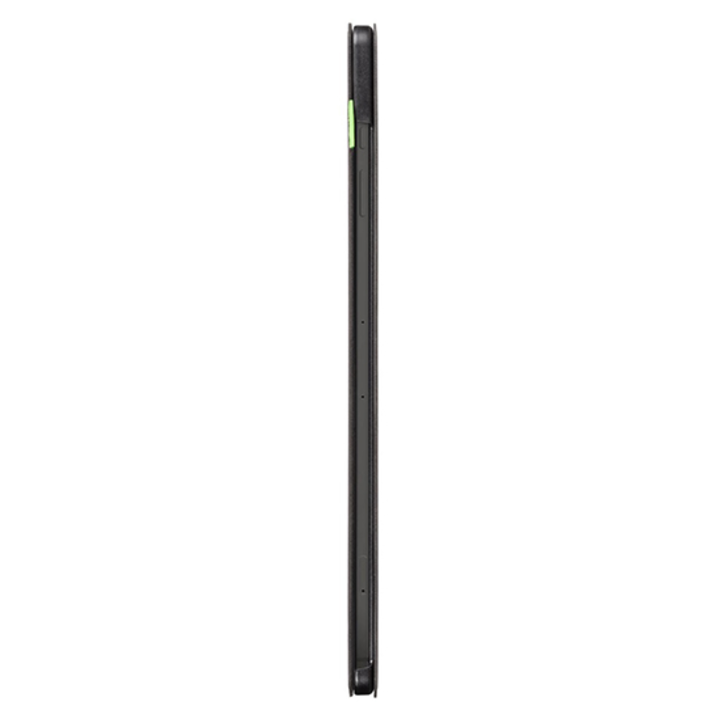Side view of a tablet. The tablet is black with a black case.