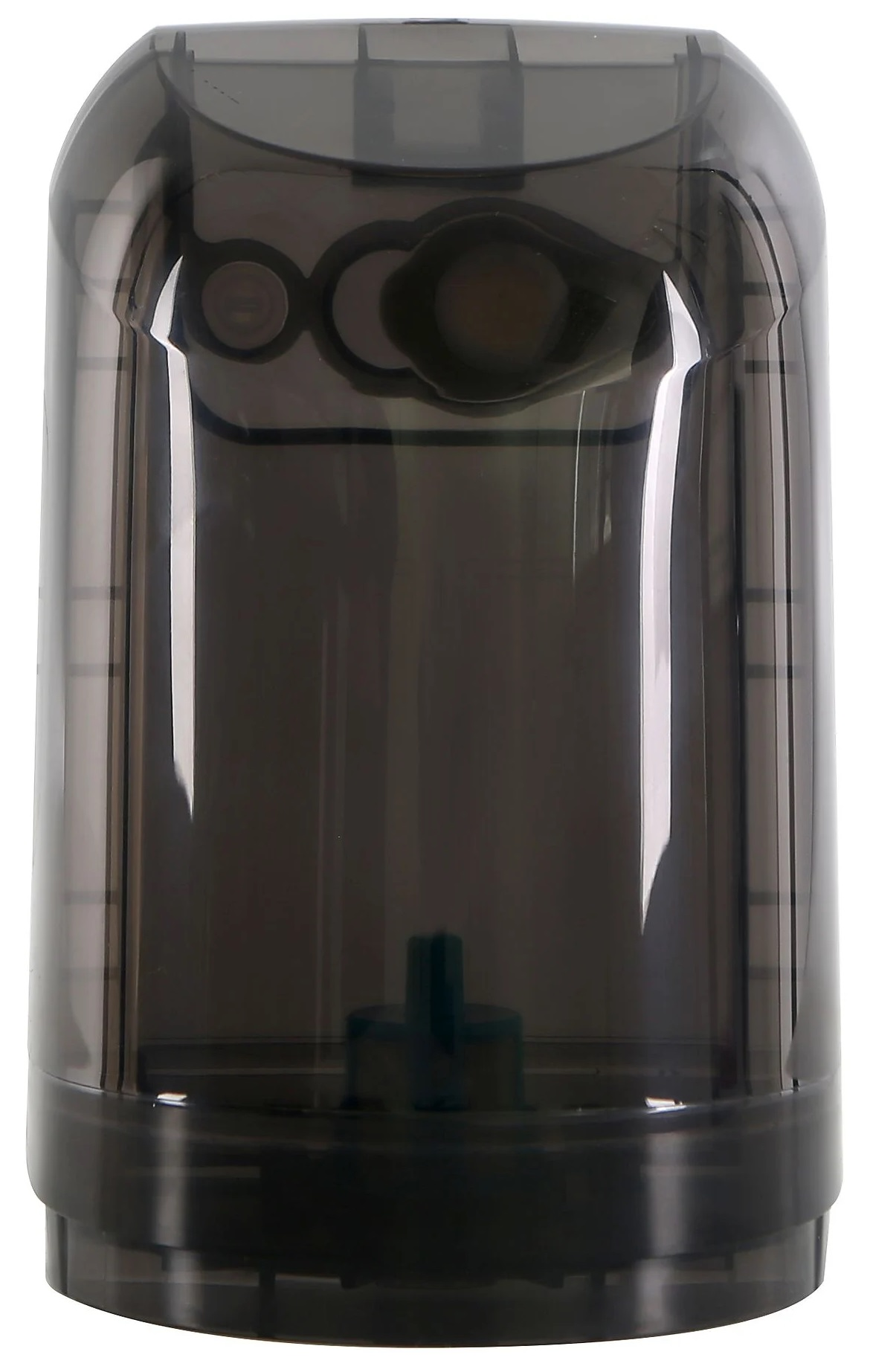 Przezroczysty, cylindryczny pojemnik o ciemnoszarym odcieniu. Ma zaokrąglony wierzch i czarną podstawę.