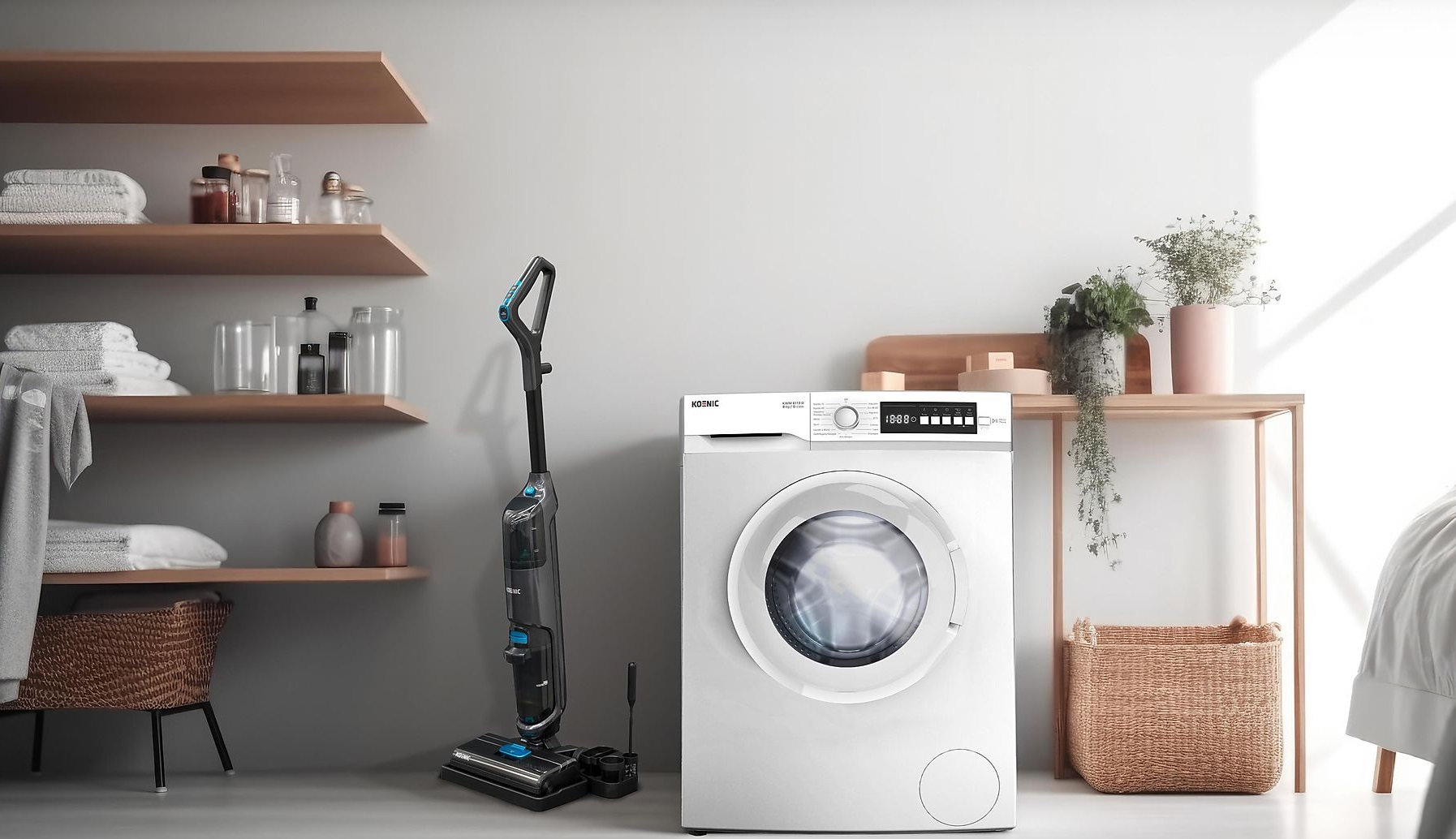 Przedpokój z białą pralką, odkurzaczem, półkami z przedmiotami i stołem.