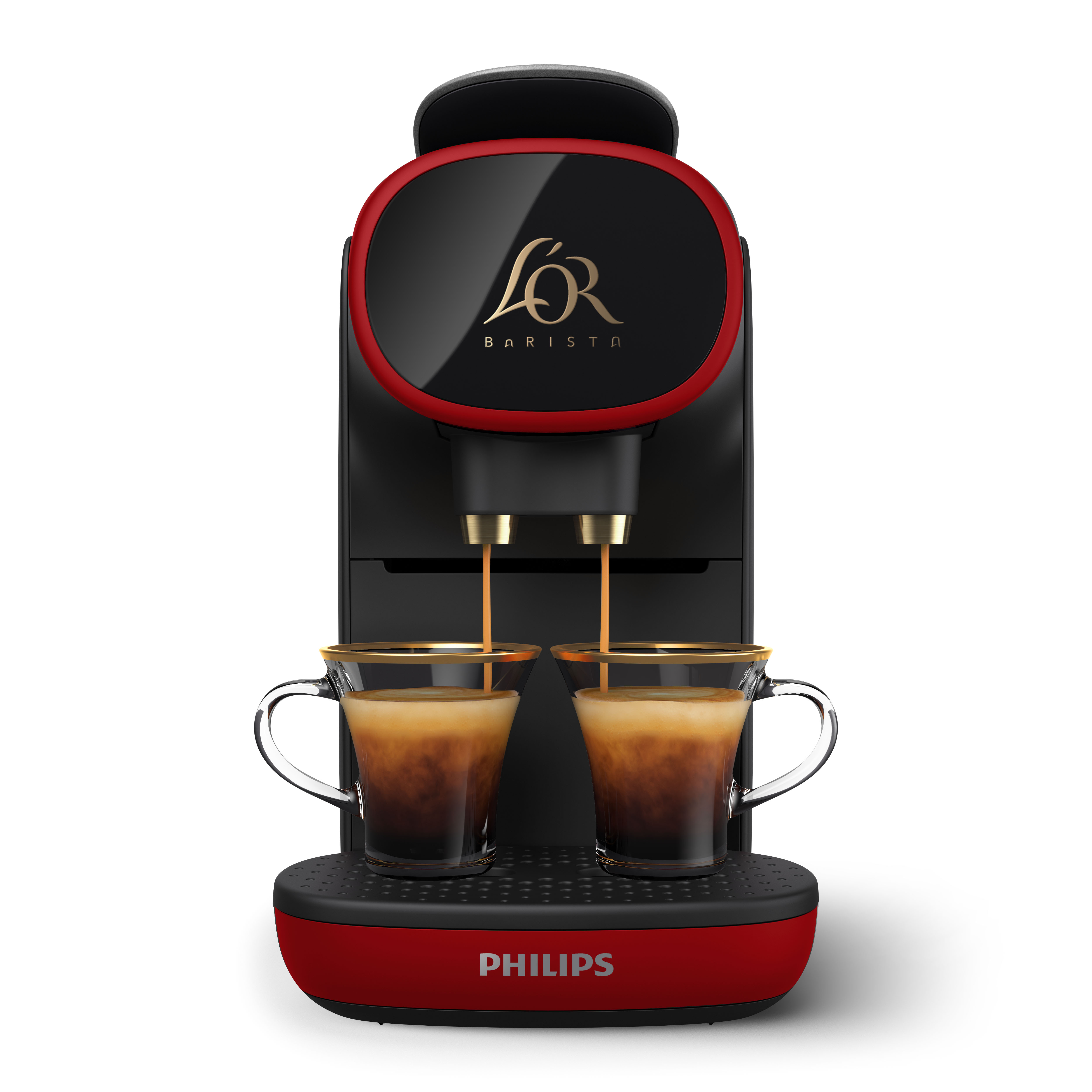 Una cafetera roja y negra con dos vasos, preparando café.