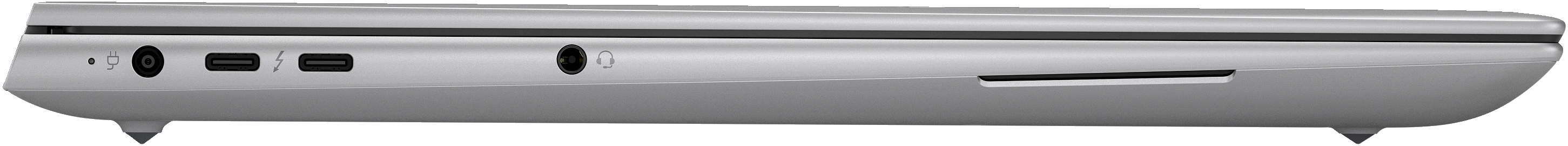 Seitenansicht eines silbernen Laptops mit Anschlüssen zum Aufladen, für Audio und Datenübertragung.