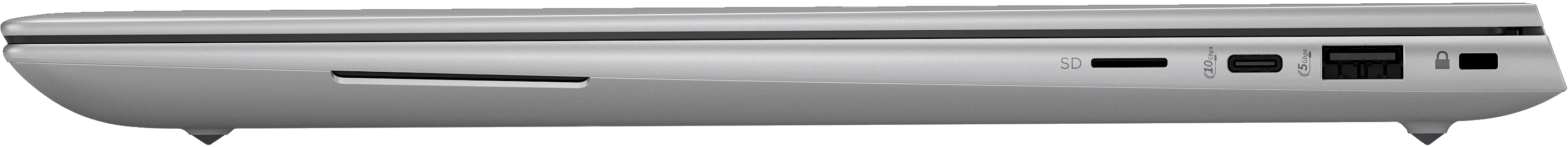 Seitenansicht eines Laptops mit Anschlüssen: SD-Kartenleser, USB-C und USB. Der Laptop ruht auf zwei Füßen.