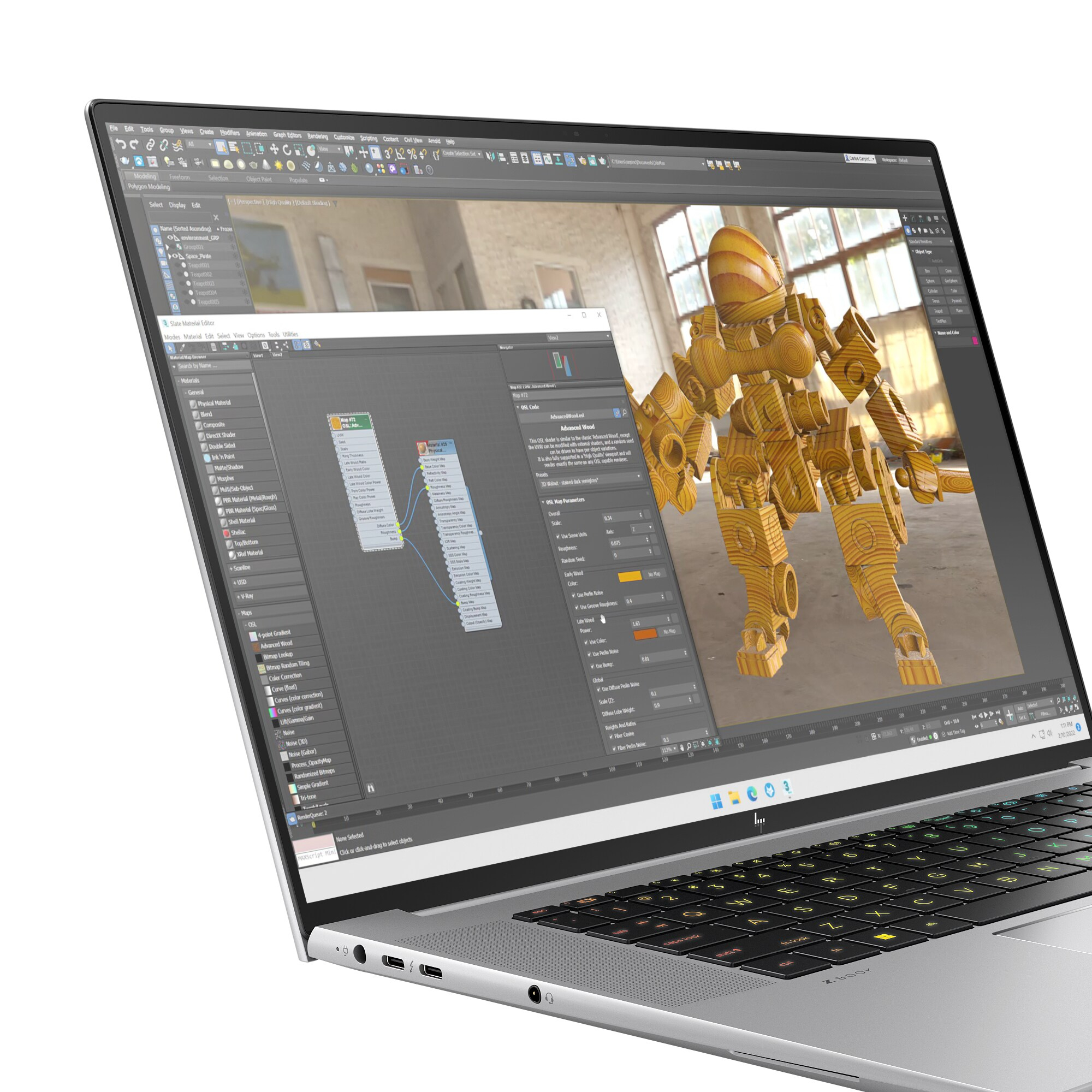 Ein Laptop, der eine 3D-Modellierungssoftware mit einem detaillierten Robotermodell anzeigt.