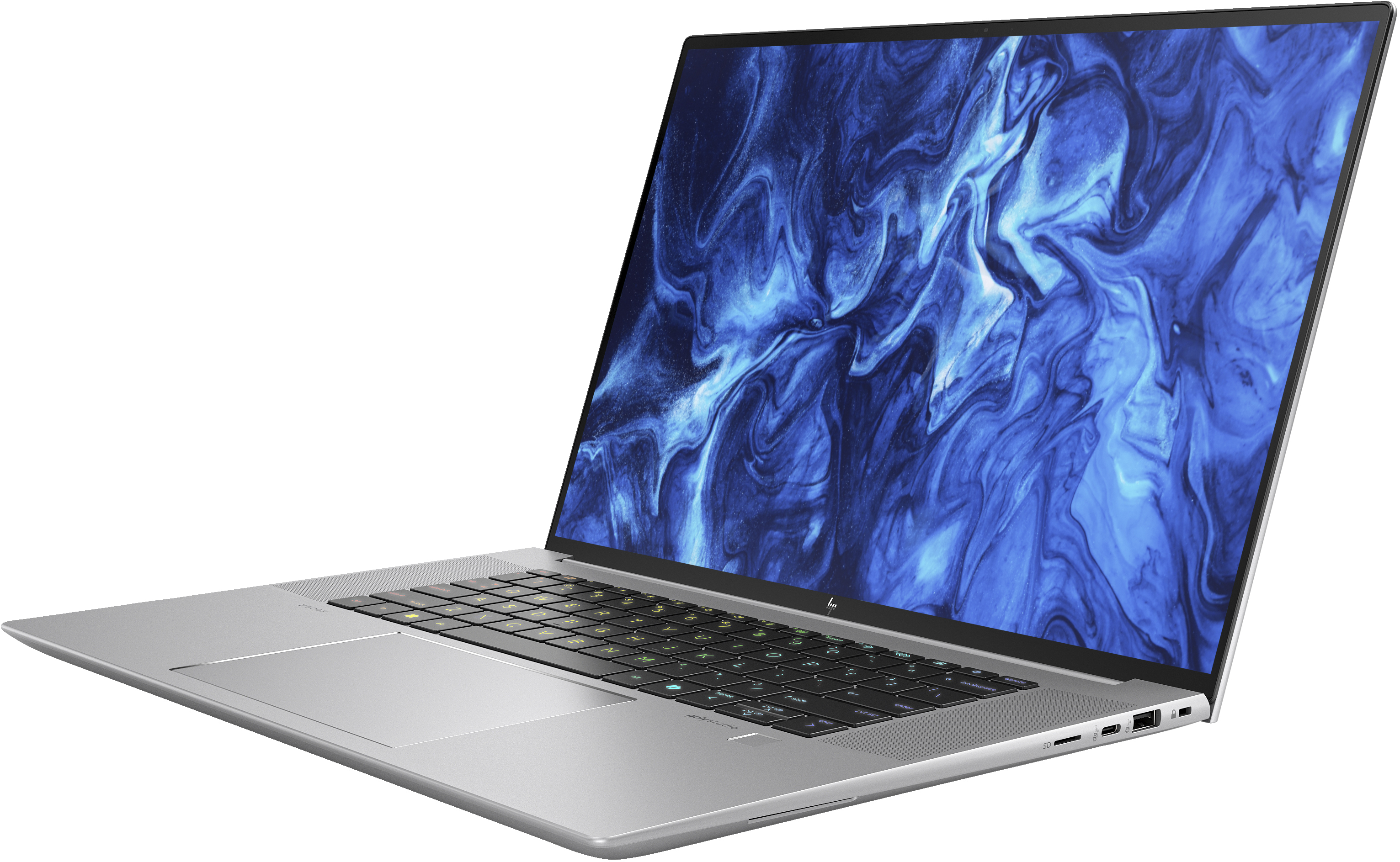 Ein silberner Laptop mit einem blauen, abstrakten Hintergrund, der auf dem Bildschirm angezeigt wird.
