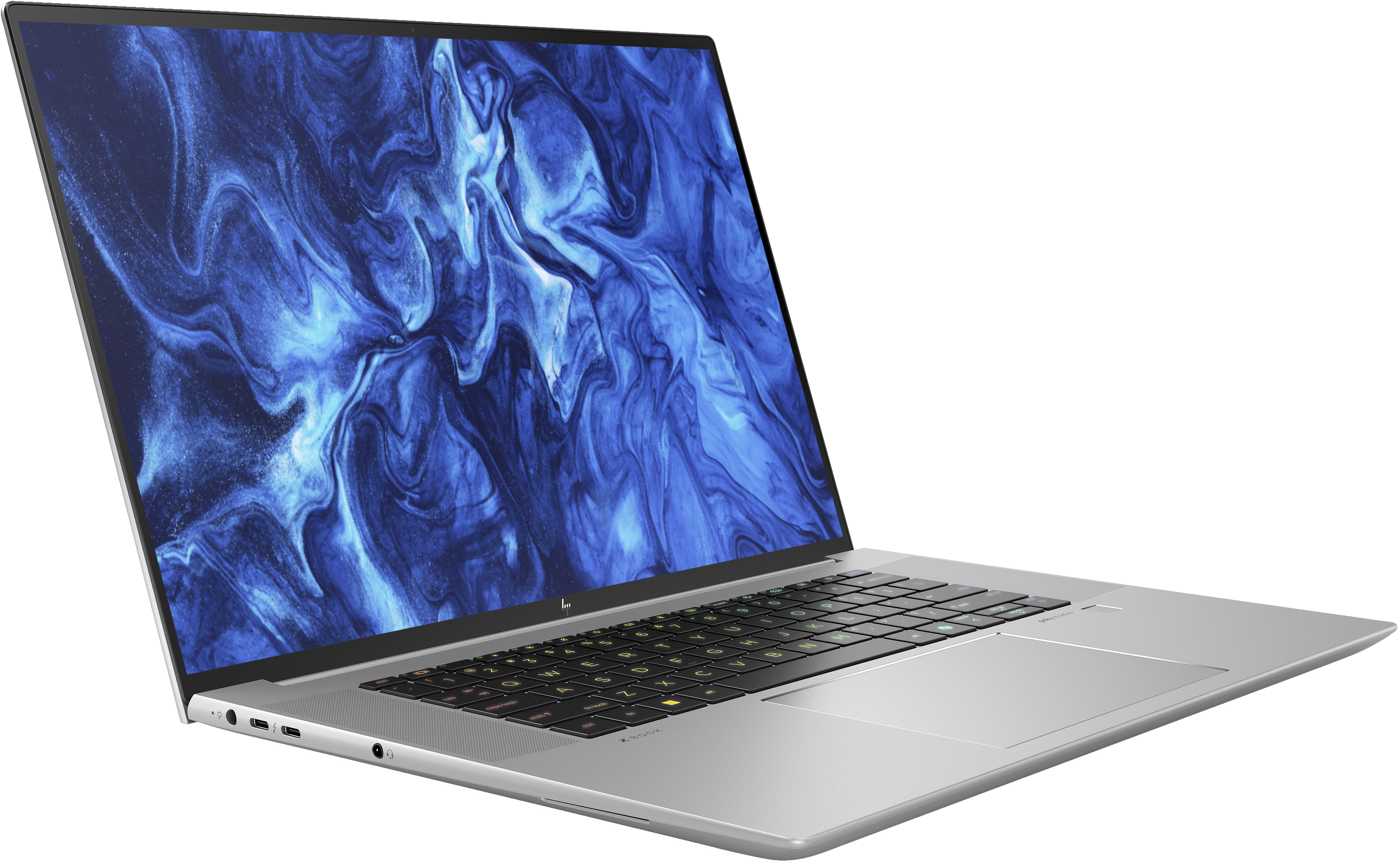 Ein silberner Laptop mit blauem, abstraktem Hintergrund auf dem Bildschirm, aus einem Winkel betrachtet.