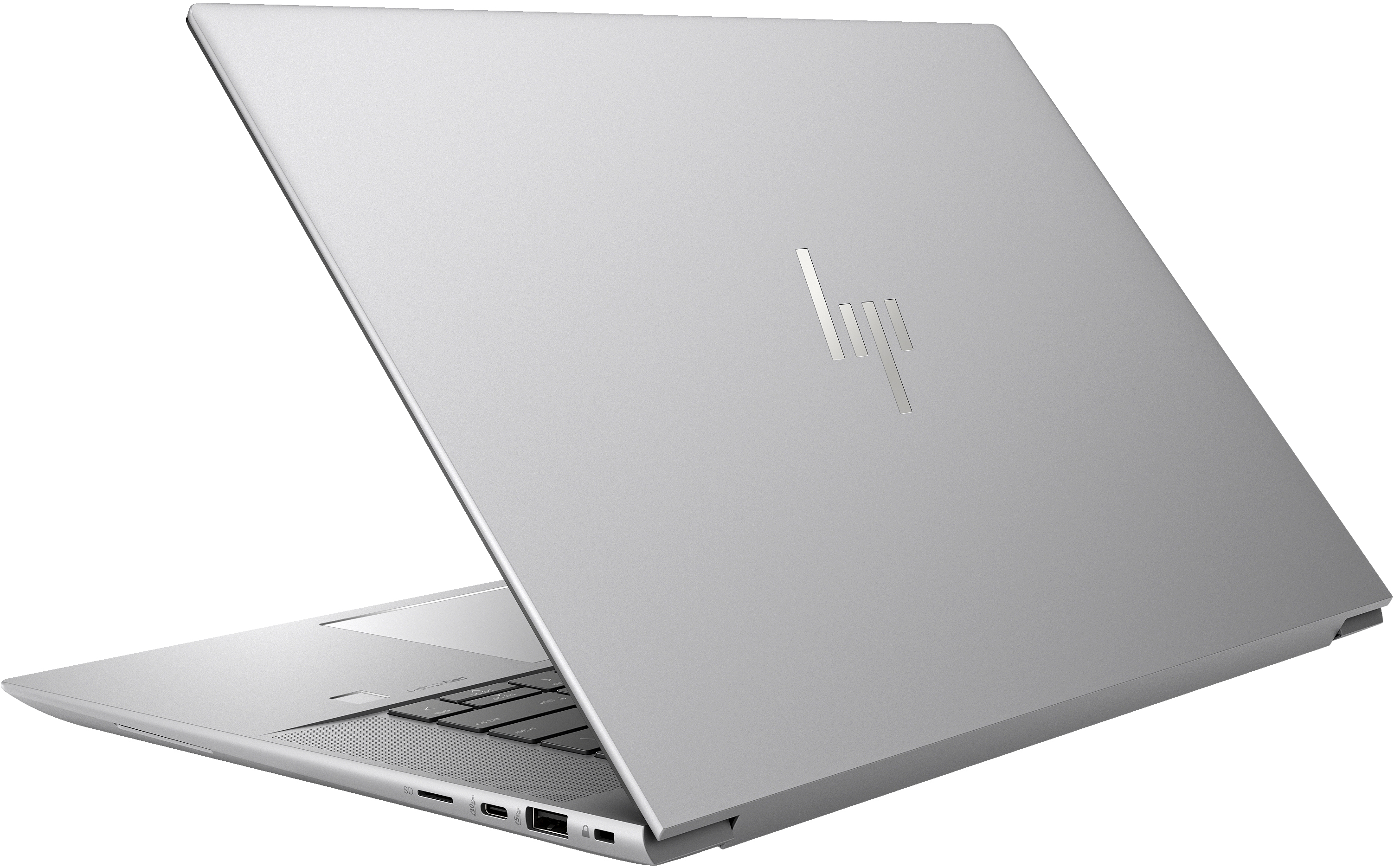 Silberner HP Laptop, Rückansicht, leicht geöffnet.
