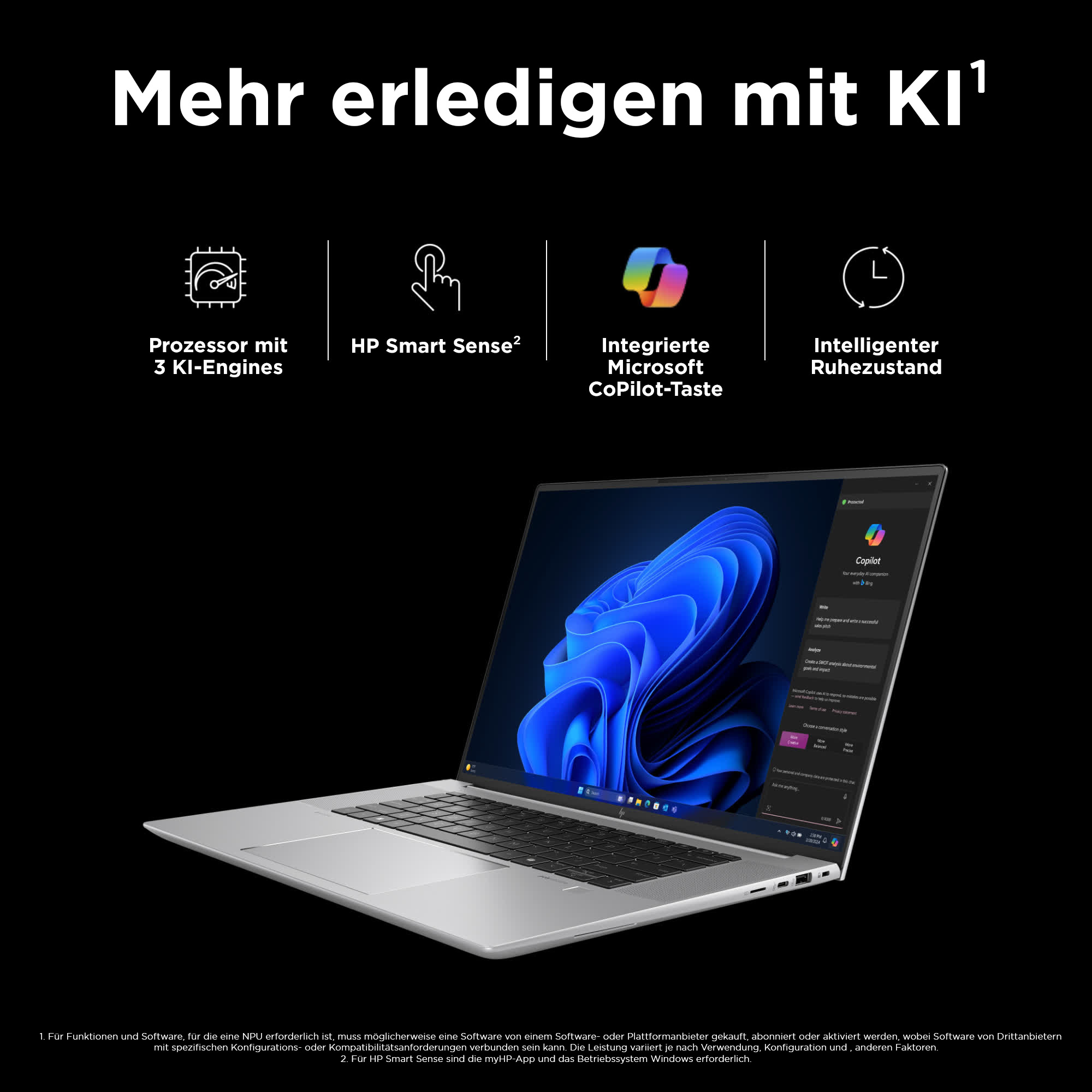 Laptop auf weißer Oberfläche mit schwarzem Hintergrund mit Text und Symbolen zu KI-Funktionen.