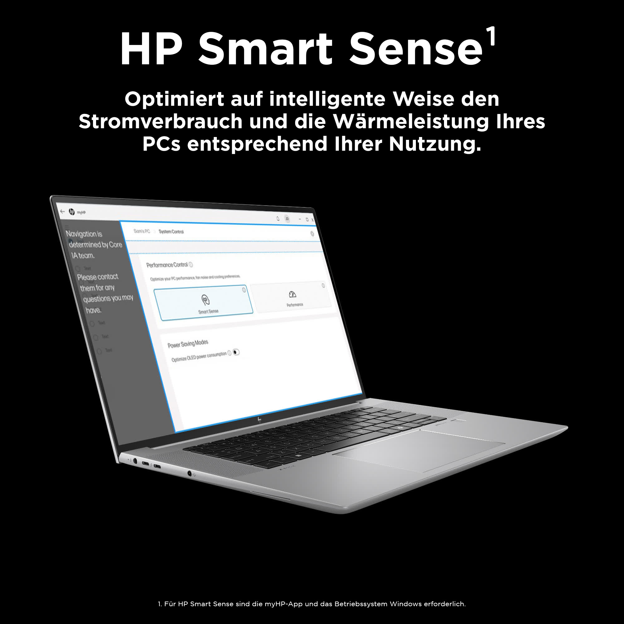 Ein silberner Laptop mit geöffnetem Bildschirm, auf dem die HP Smart Sense-Oberfläche angezeigt wird.