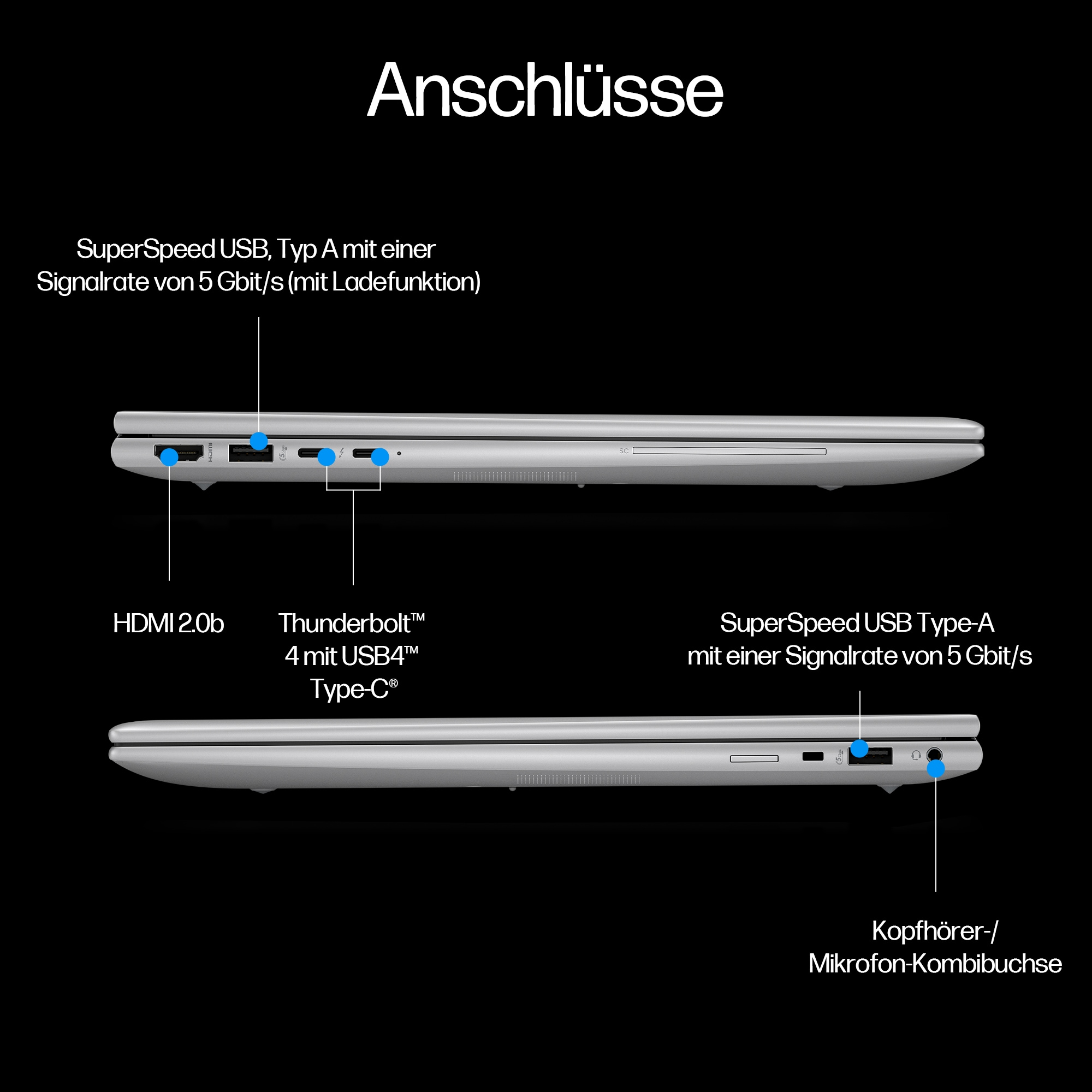 Seitenansicht des Laptops: HDMI, USB, Thunderbolt und Kopfhöreranschlüsse. Silberner Laptop auf schwarzem Hintergrund.