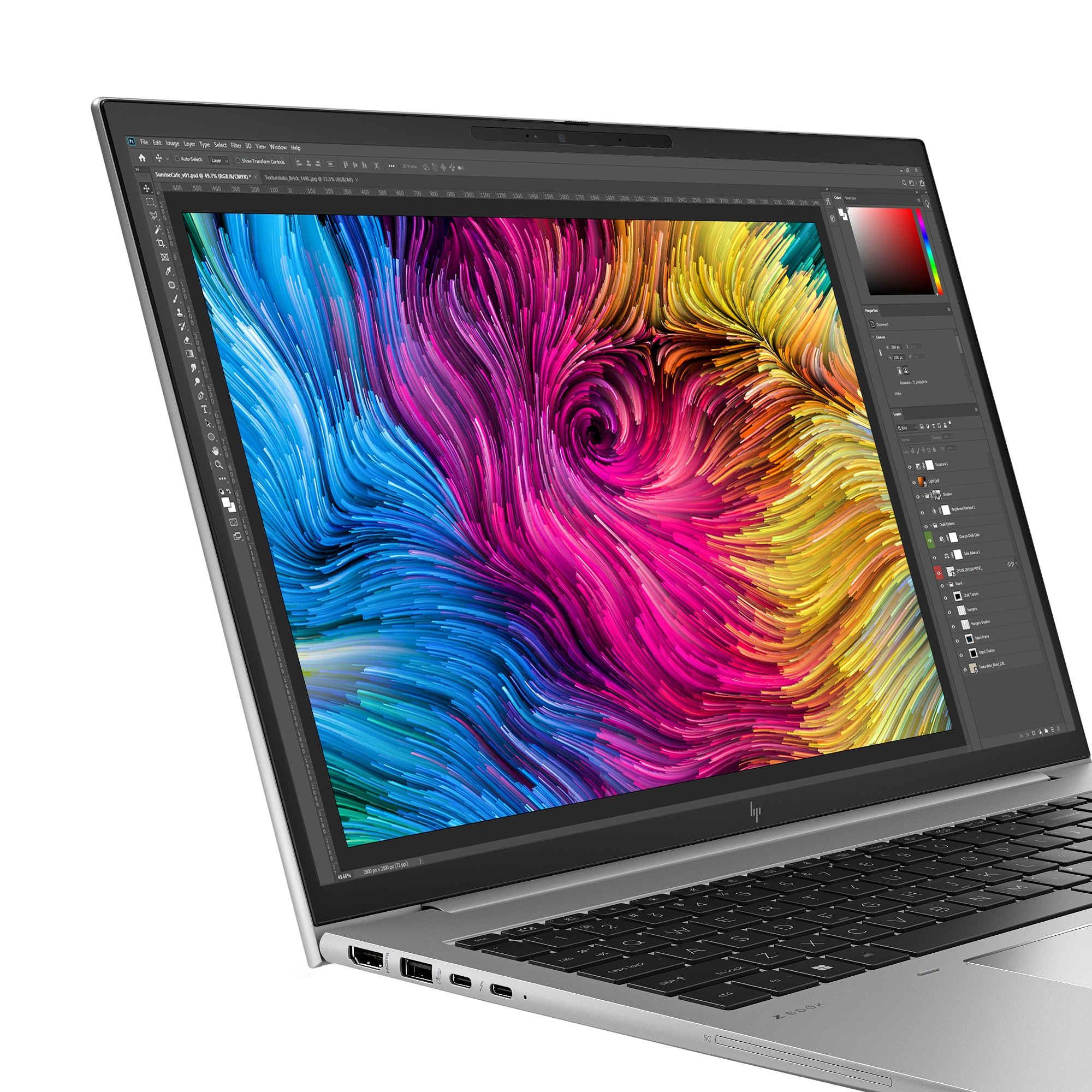 Ein Laptop-Bildschirm zeigt ein farbenfrohes, abstraktes Kunstwerk mit der Benutzeroberfläche einer Designsoftware.
