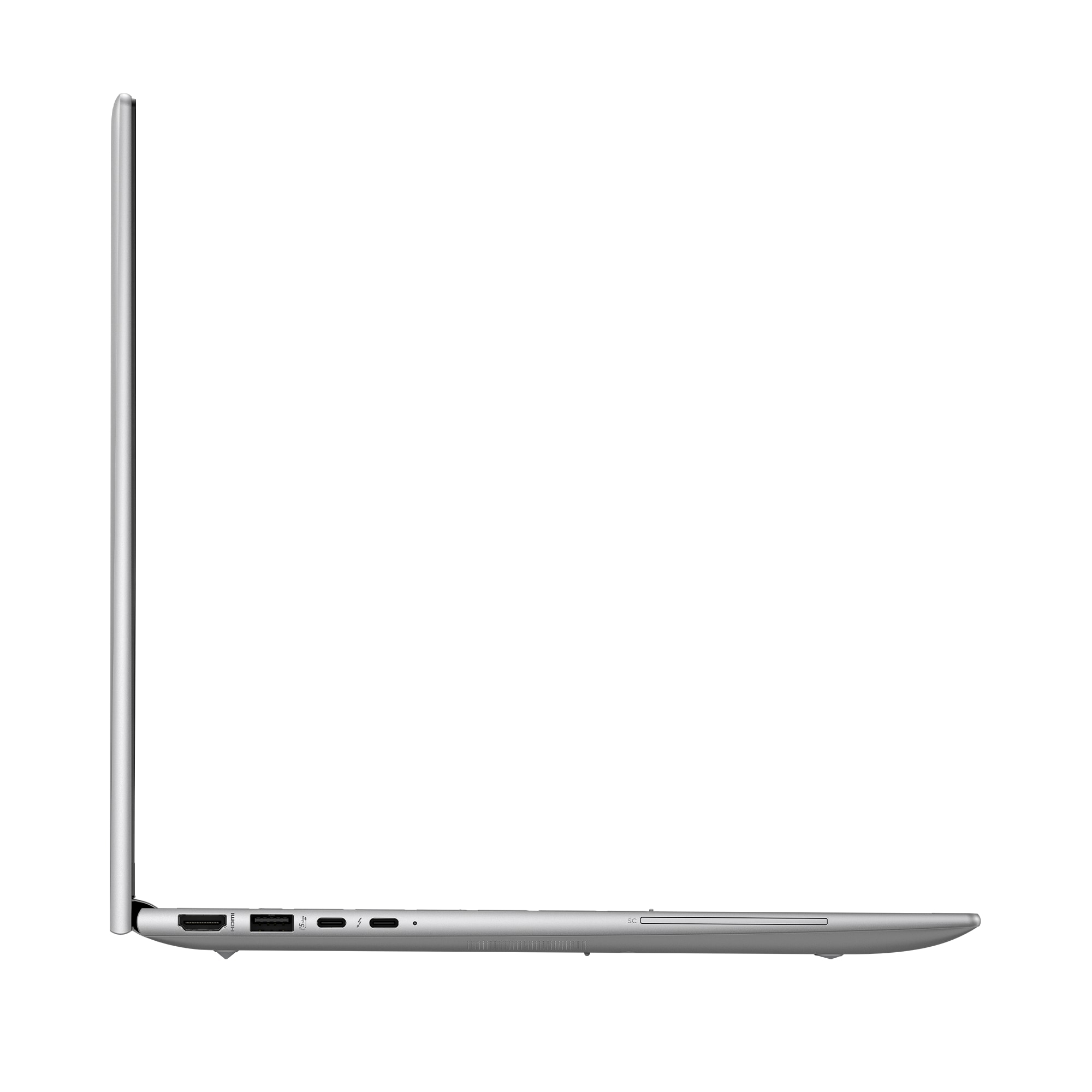 Seitenansicht eines silbernen Laptops. Er steht auf einer weißen Oberfläche. Anschlüsse und ein Bildschirm sind zu sehen.