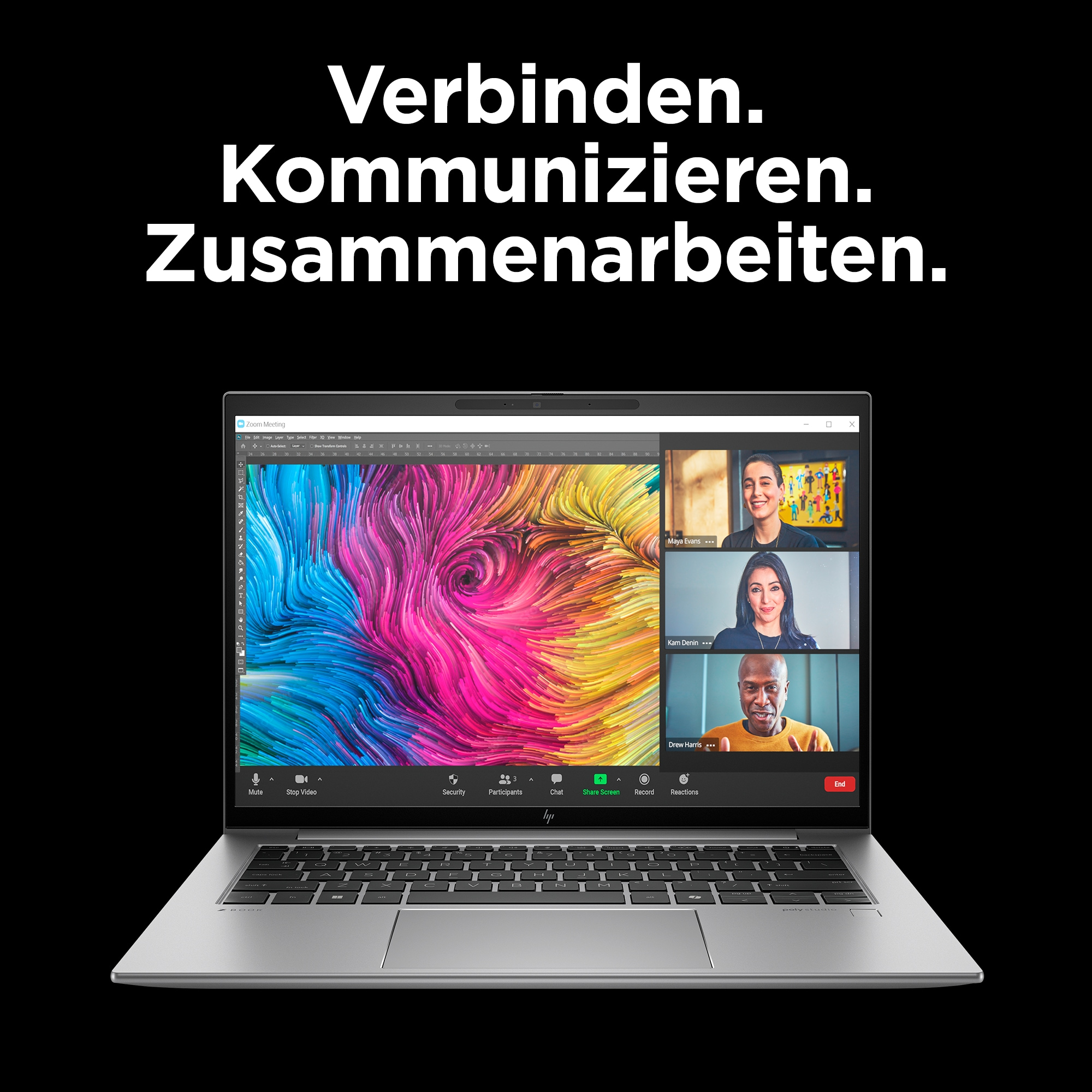 Laptop, der eine Videokonferenz mit vier Personen auf dem Bildschirm anzeigt.