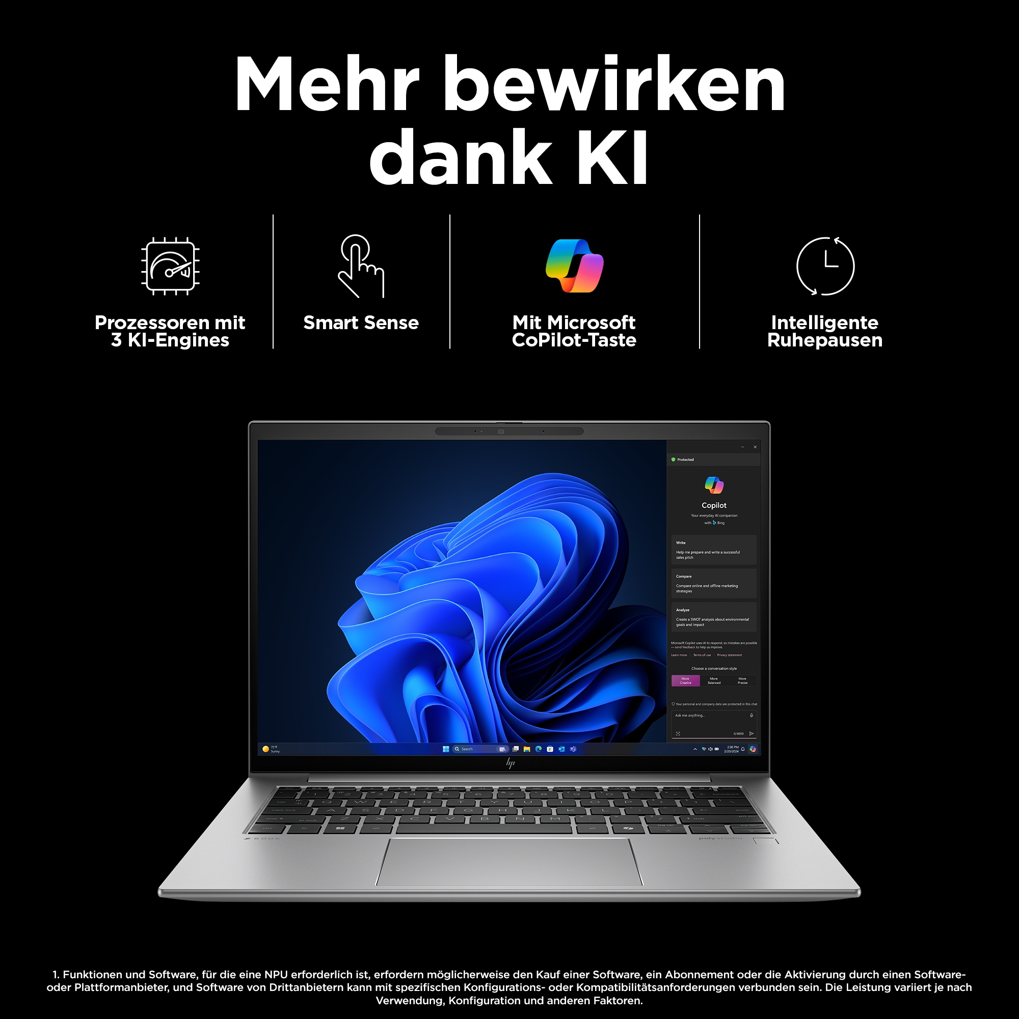 Laptop mit KI-Funktionen. Illustrationen und Text auf schwarzem Hintergrund. Laptop auf dem Schreibtisch geöffnet.