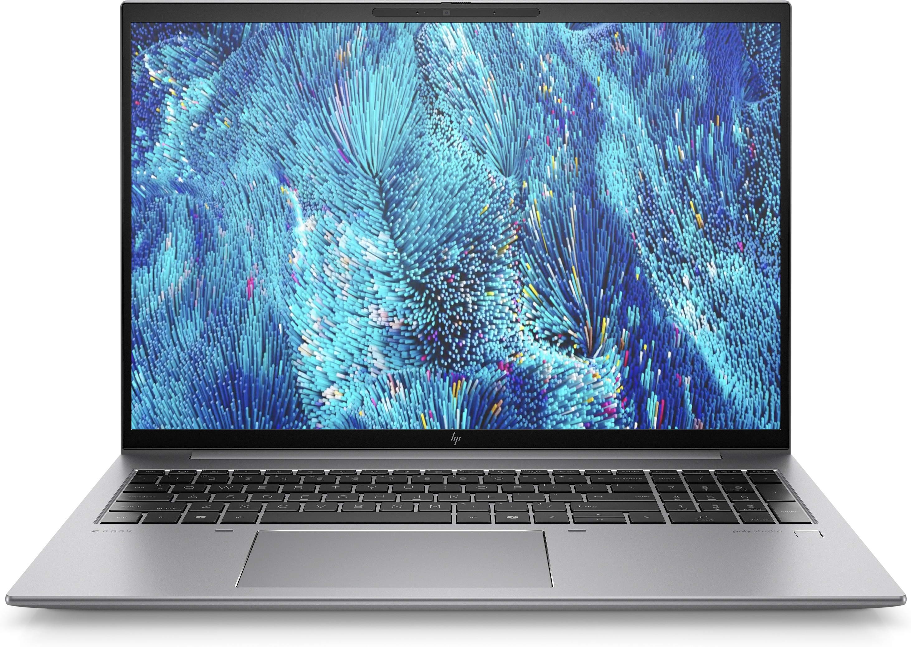 Silberner Laptop mit blau-grünem Bildschirm. Die Tastatur ist schwarz. Weißer Hintergrund.