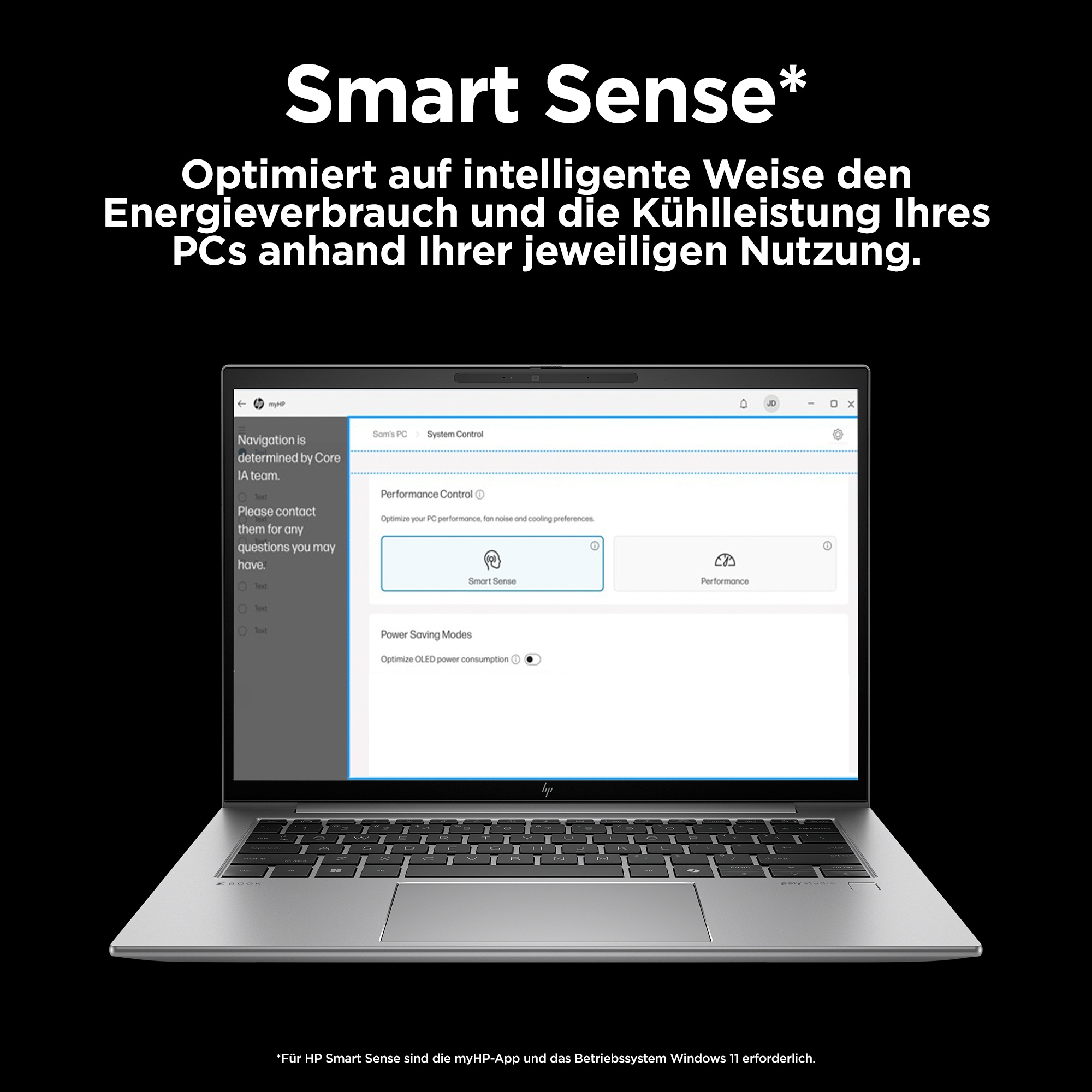 Laptop-Bildschirm mit Smart Sense-Funktionen. Text und Grafiken werden auf schwarzem Hintergrund angezeigt.