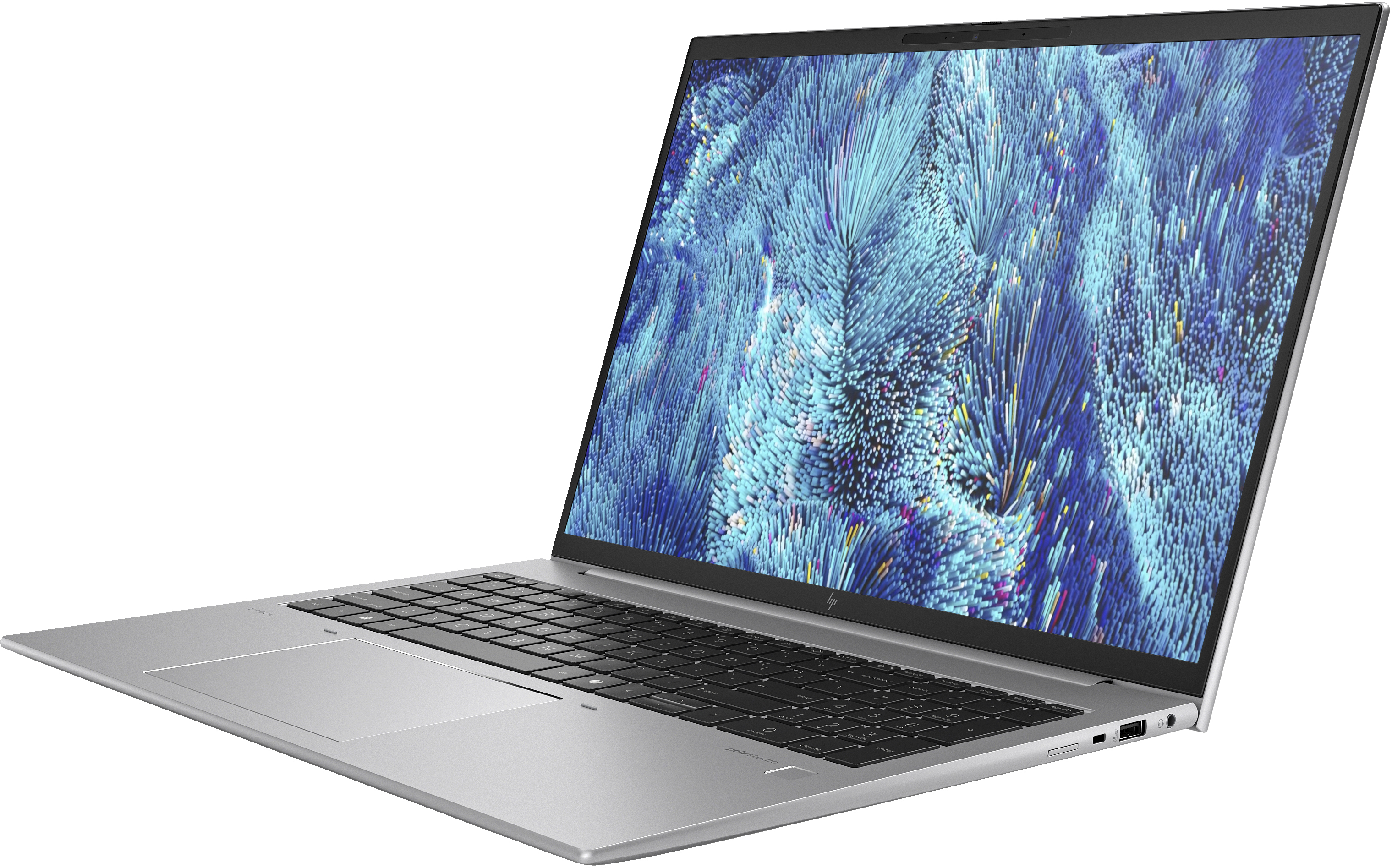 Silberner Laptop im Winkel. Der Bildschirm zeigt ein blau-weißes abstraktes Design. Weißer Hintergrund.